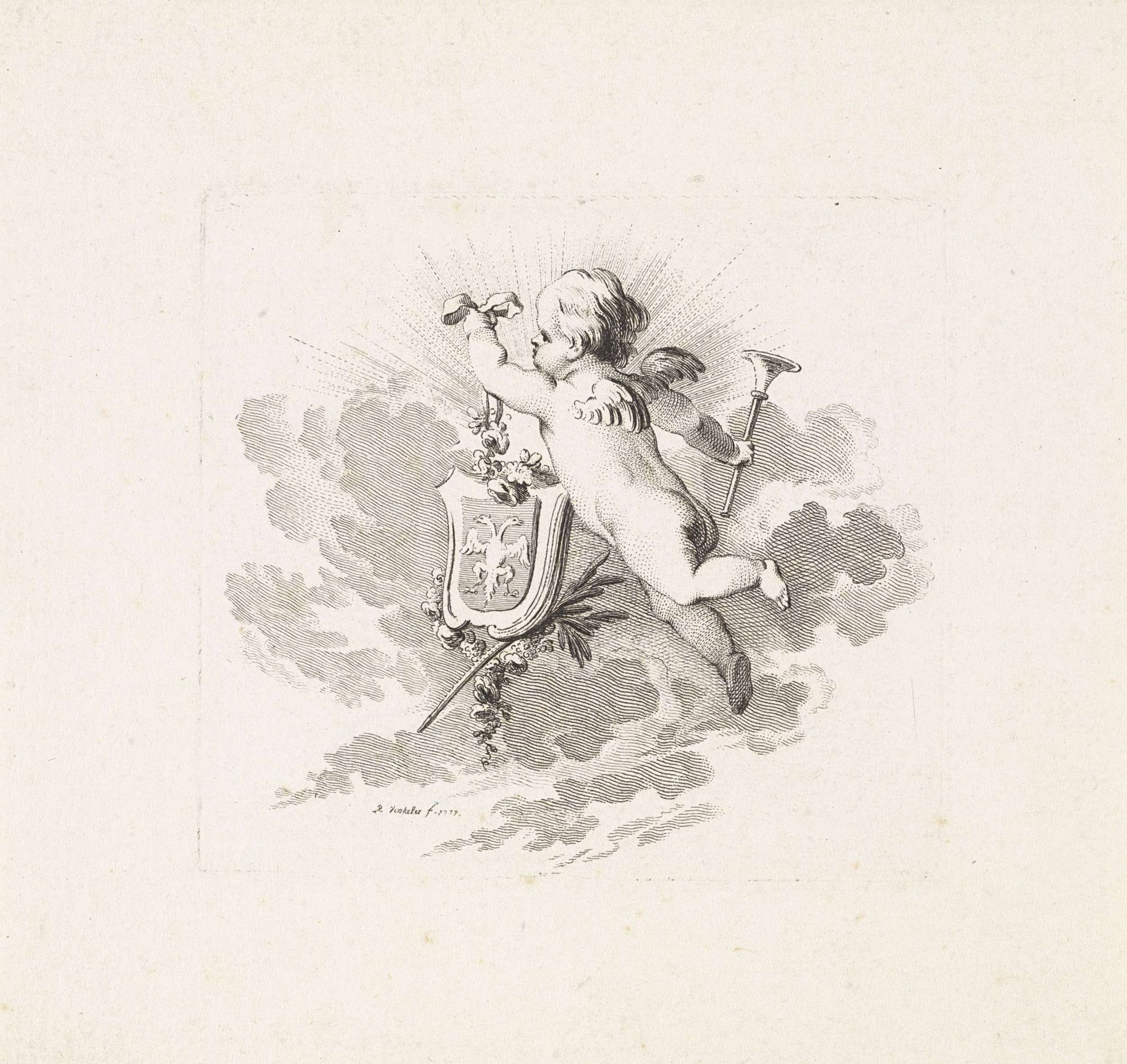 Putto met familiewapen en bazuin by Reinier Vinkeles