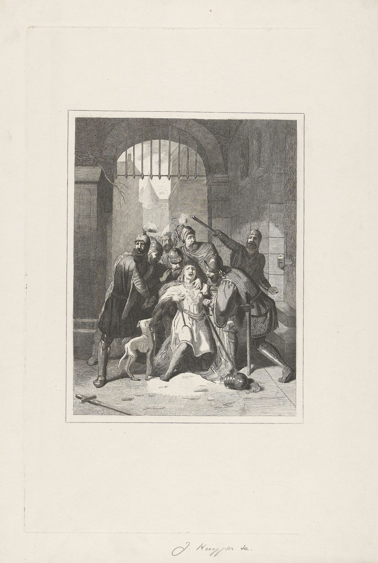 Gewonde krijgsman door soldaten opgevangen by J. (prentmaker) Kuyper