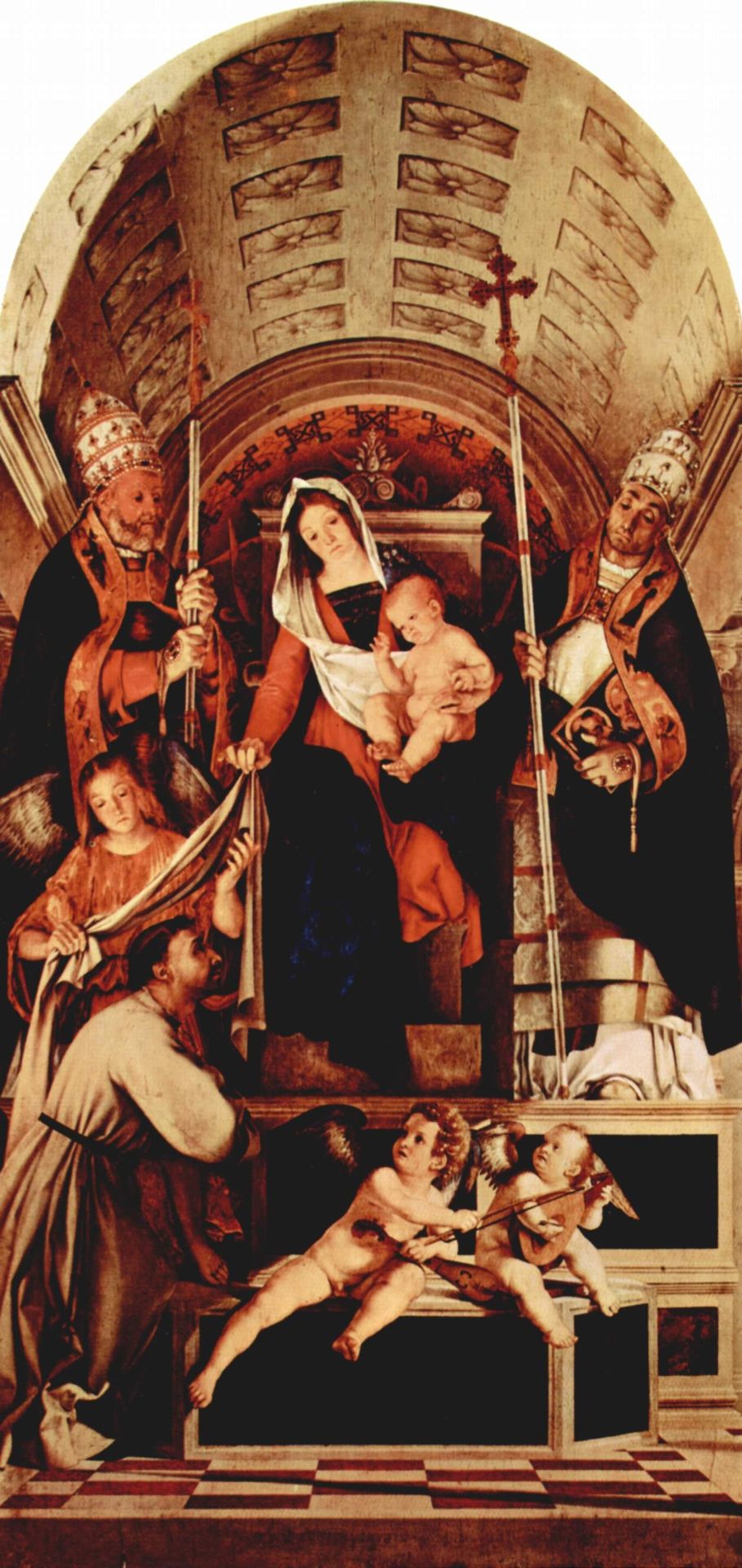 Altar of Recanati polyptych, main board: Madonna Enthroned with the Christ child, three angels, St. Dominic, St. Gregory and St. Urban by Lorenzo Lotto
