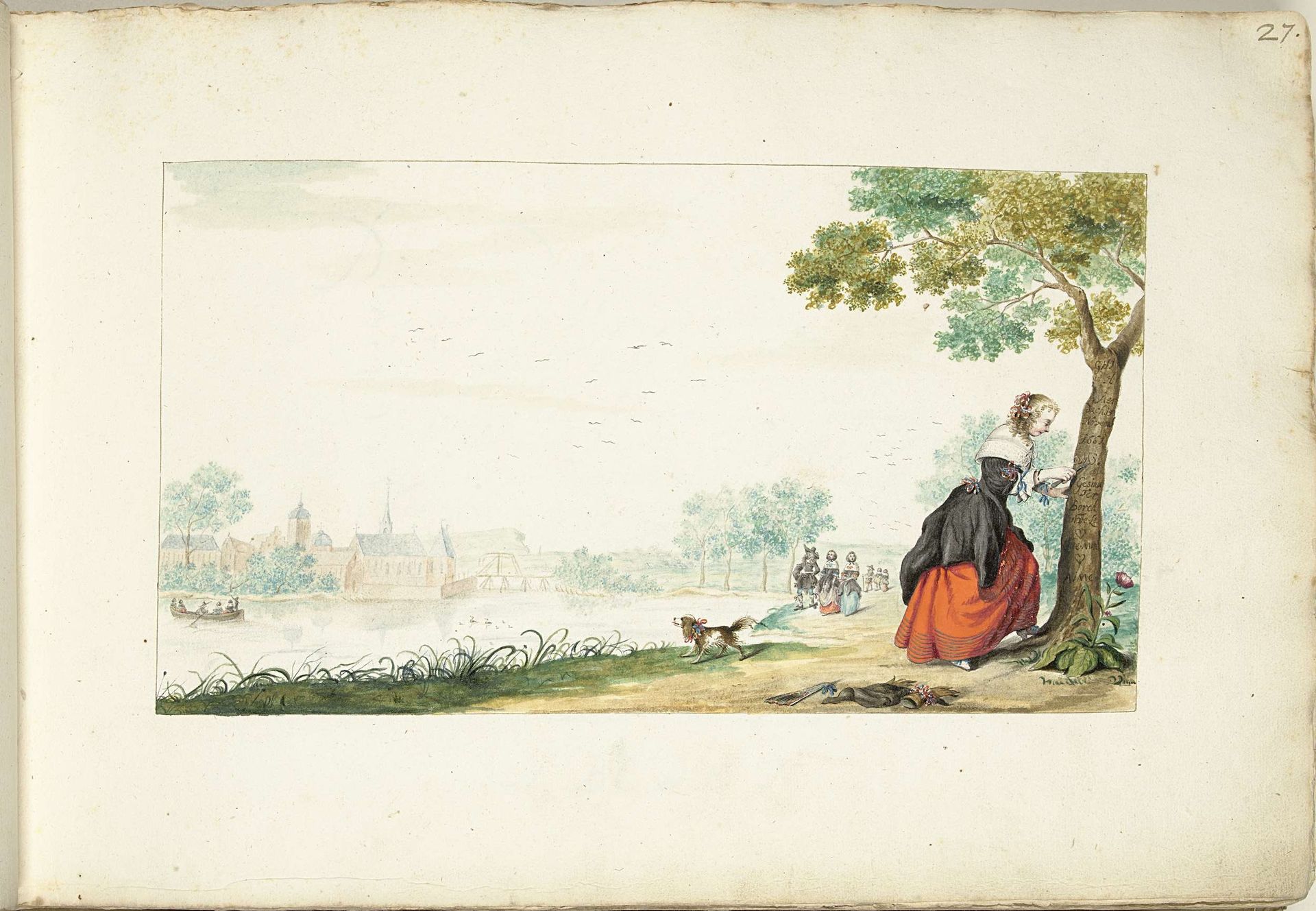 Vrouw die namen in een boom grift by Gesina ter Borch
