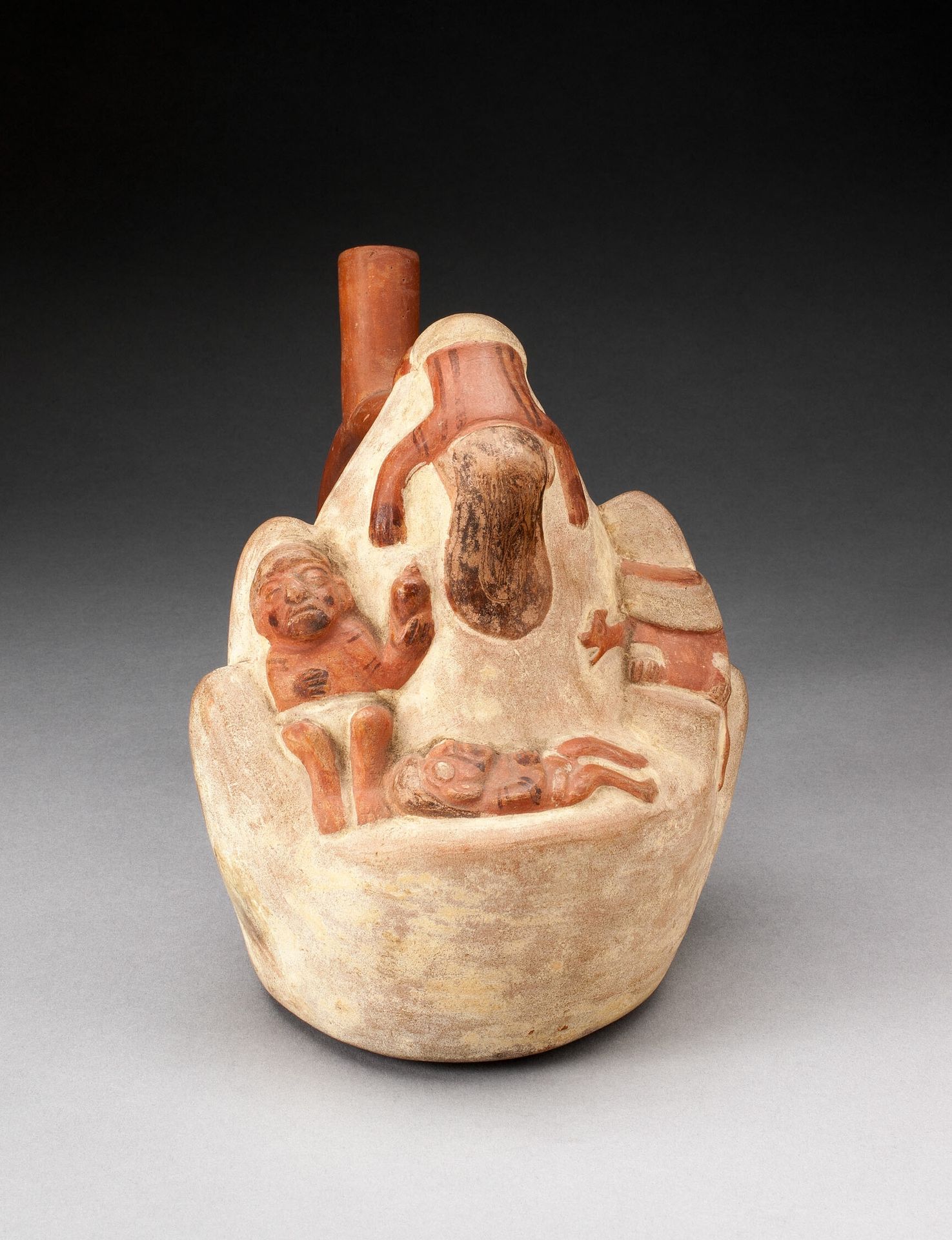Handle Spout Vessel in the Form of a Mountain with Deceased Human Figures and Animals by Moche