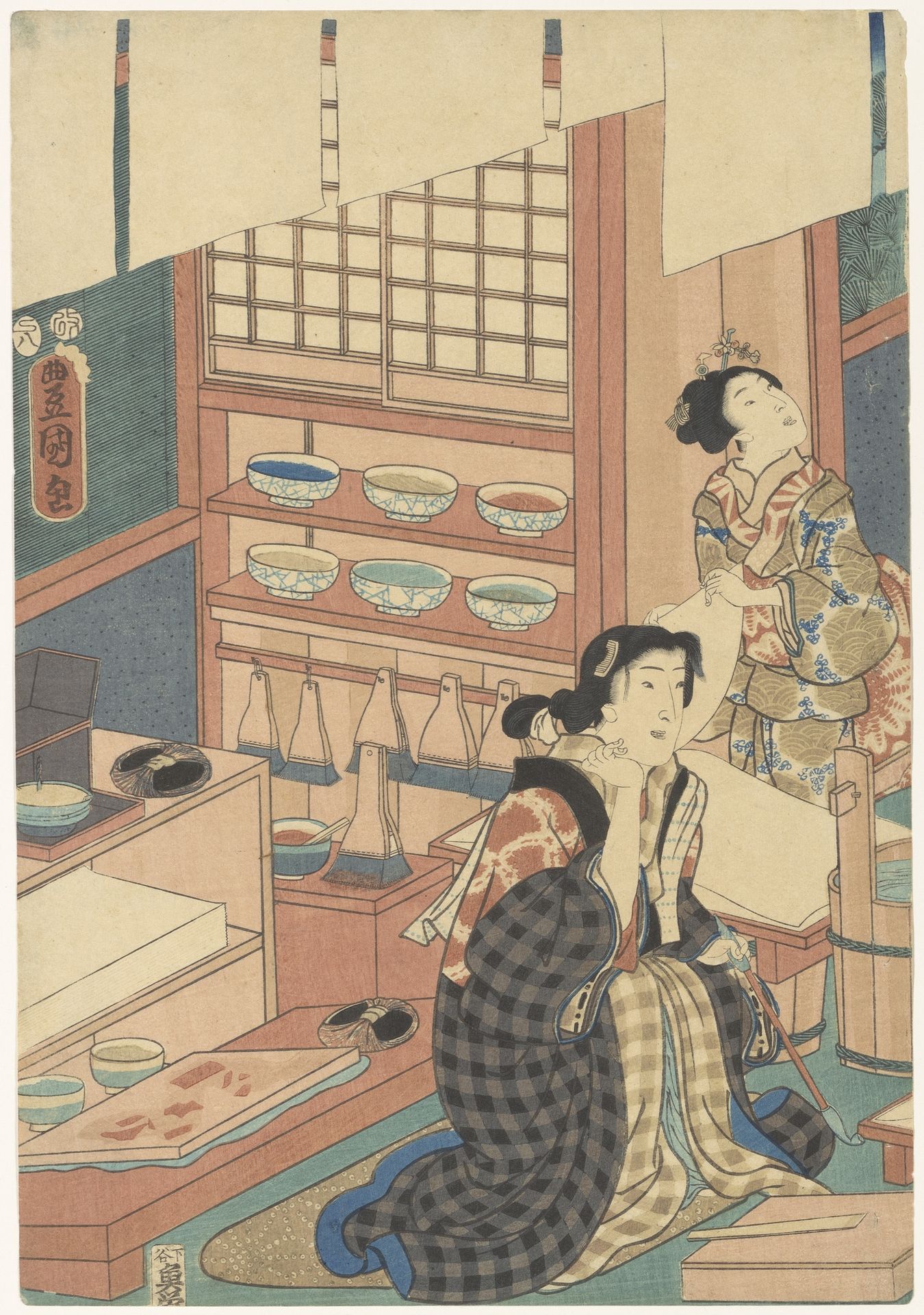 Vrouwen maken prenten (linkerdeel) by Utagawa Kunisada