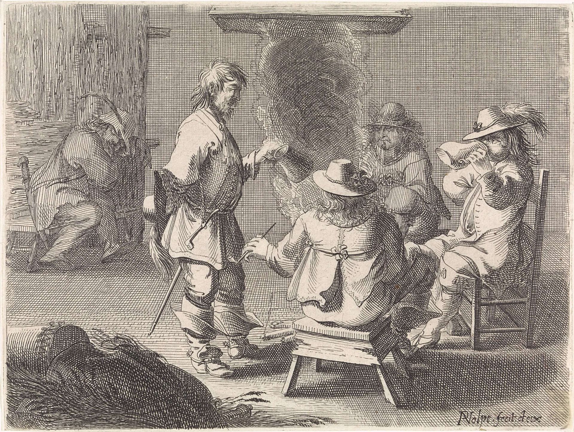 Mannen rond een vuur by Pieter Nolpe