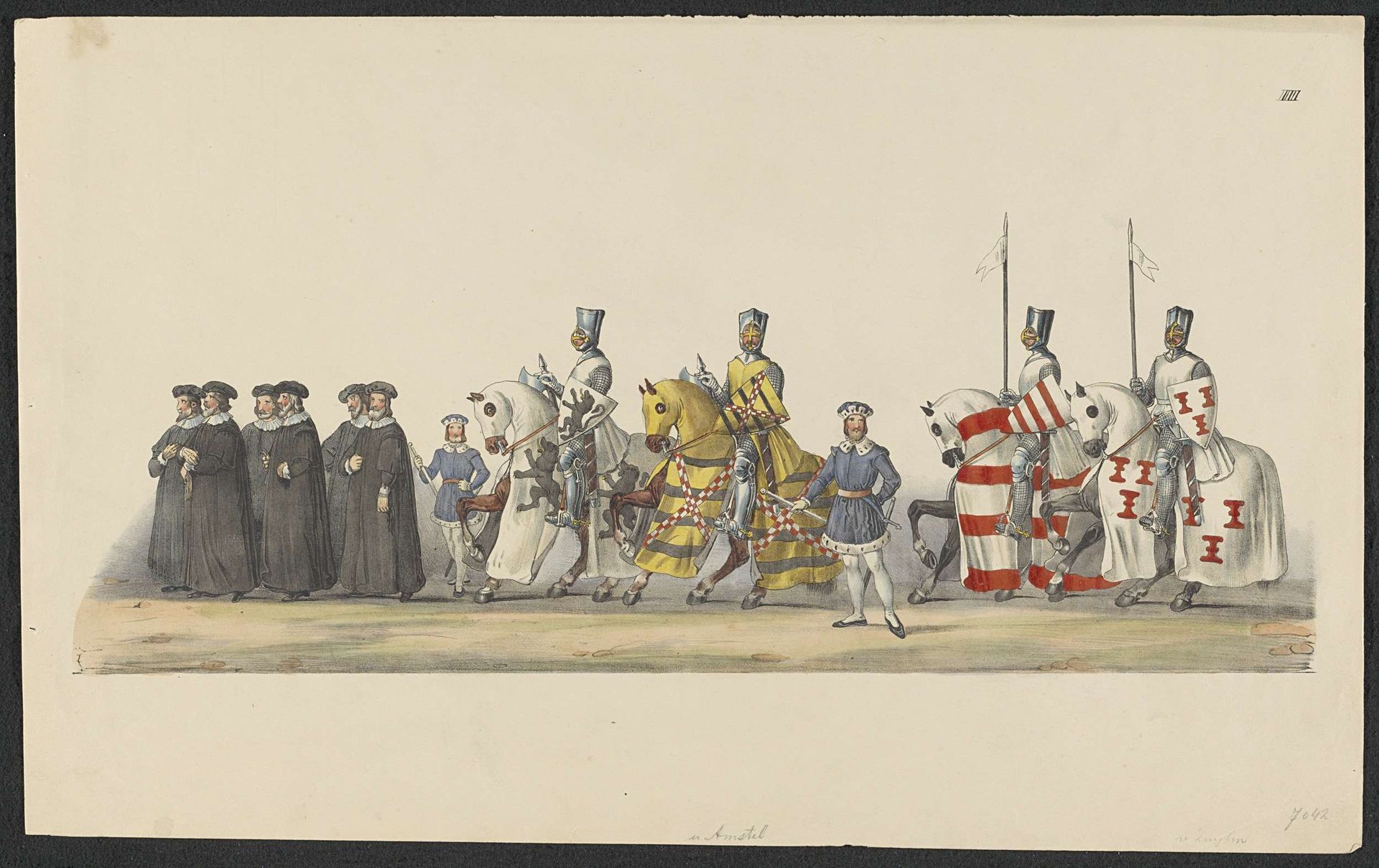 Gekostumeerde optocht van 1841: ridders te paard (blad III) by Anonymous