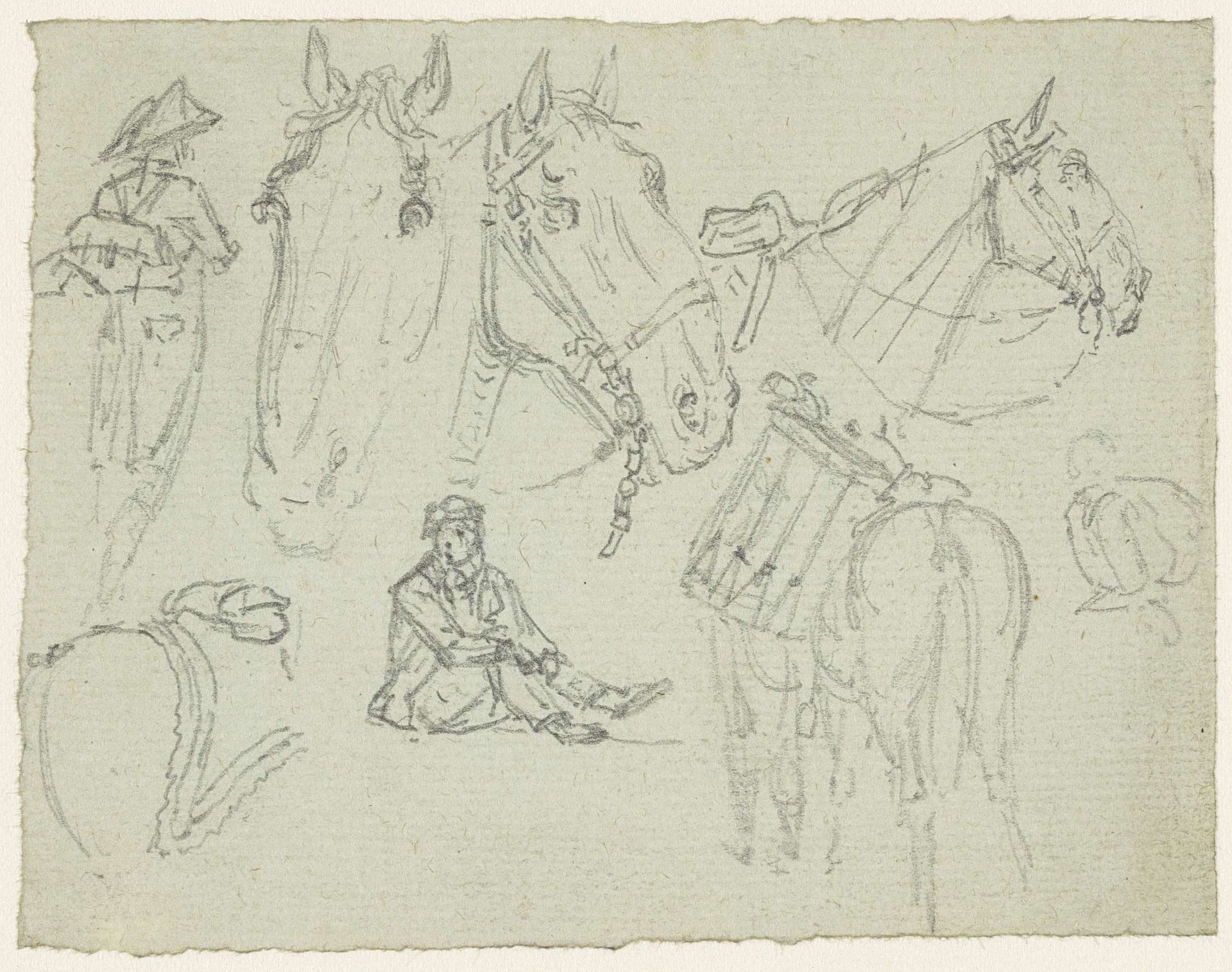 Paardenhoofden en schetsen van soldaten by Georges Michel