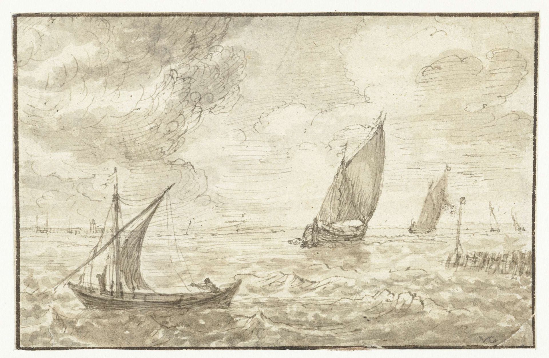 Golvend water met drie zeilende boten by Jan van Goyen