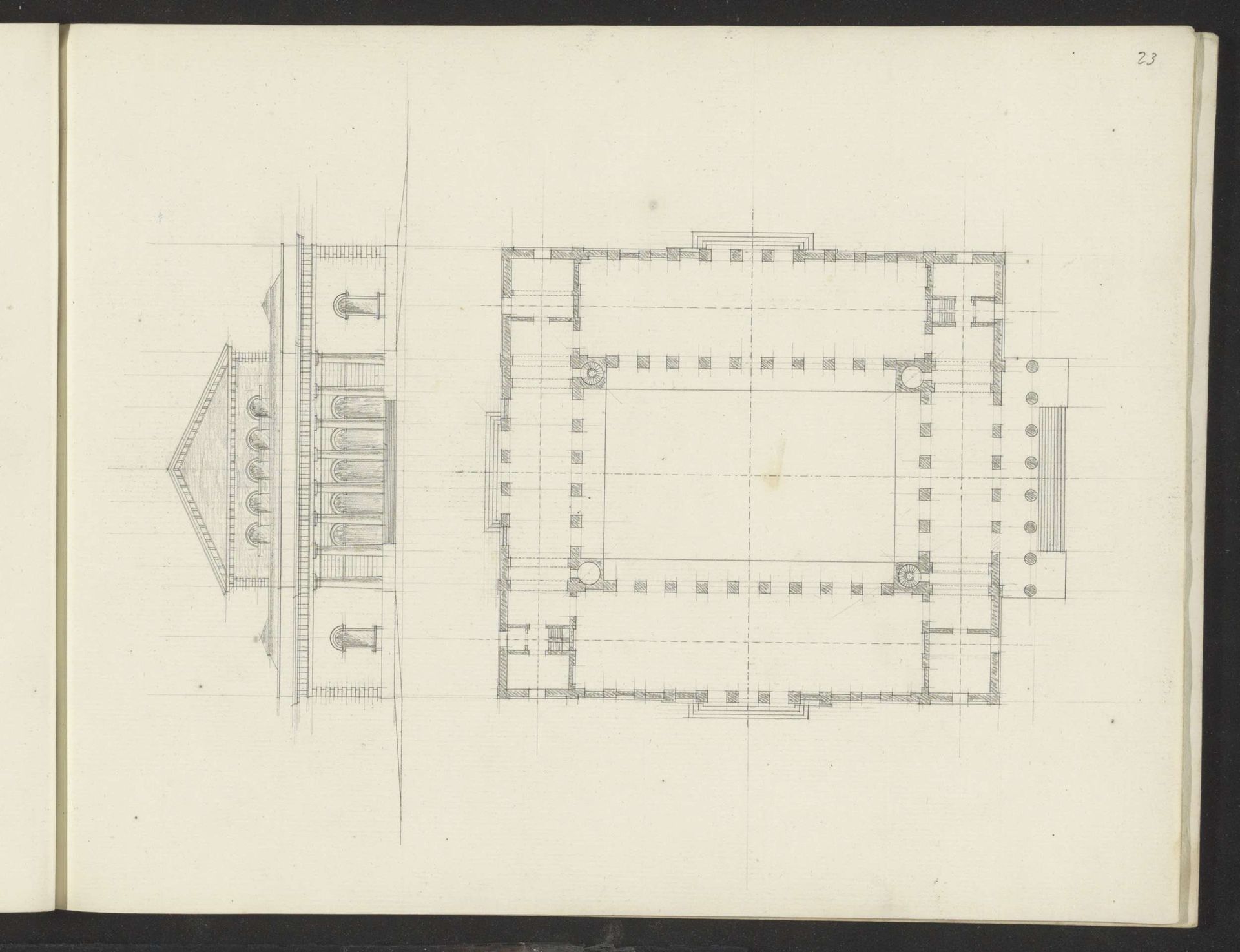 Plattegrond en voorgevel van een gebouw by Willem Springer jr.