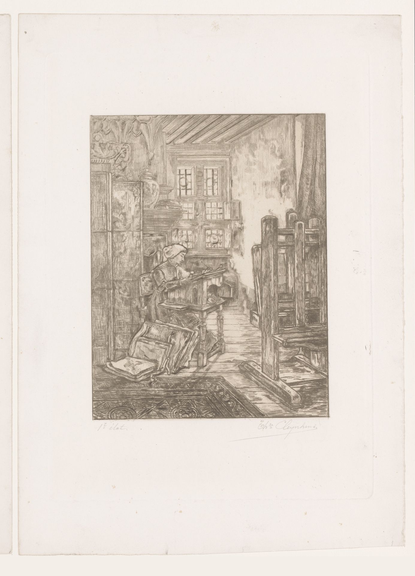 Interieur met een jonge vrouw aan een schrijftafel by Théodore Joseph Cleynhens