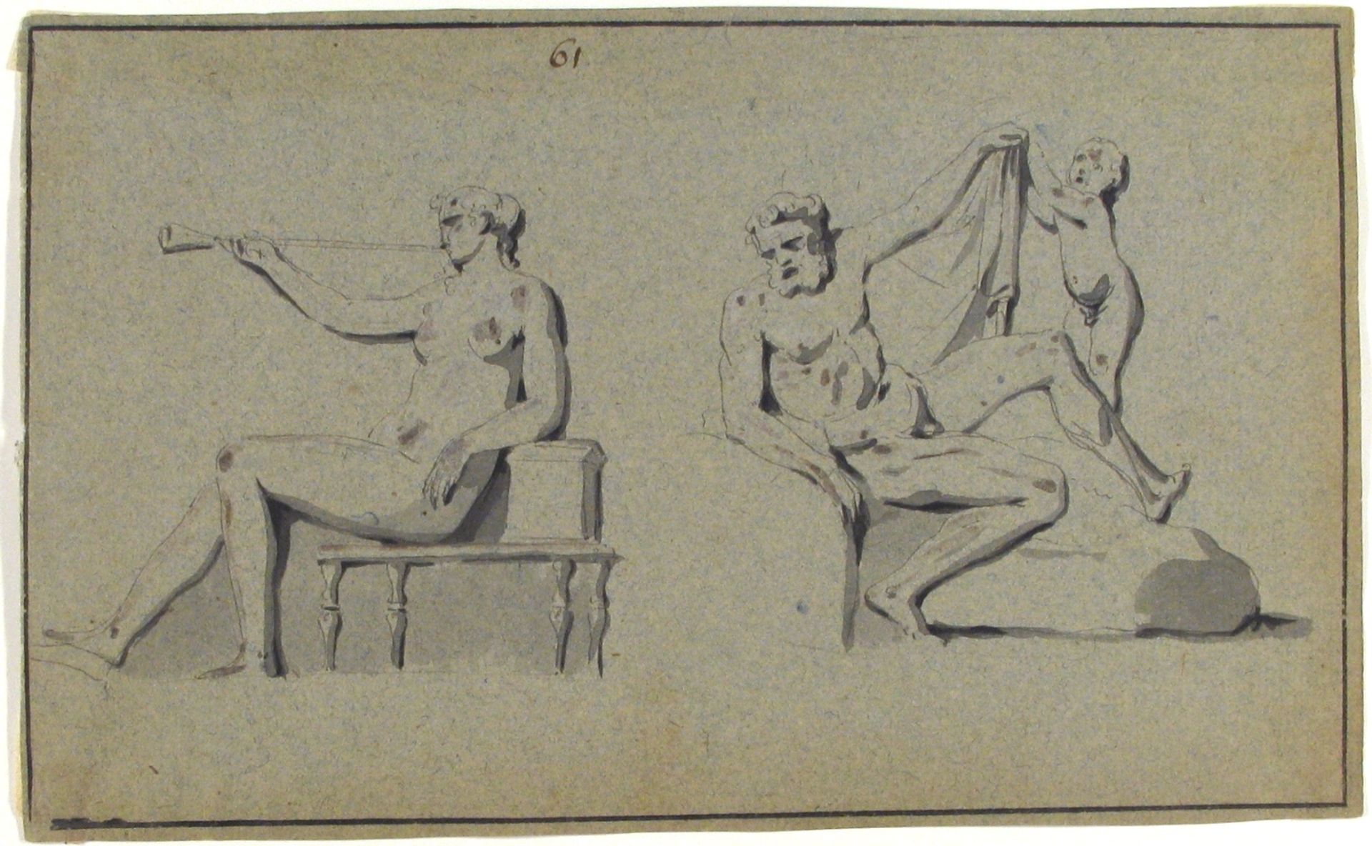 Seated Nude Female with Horn and Seated Nude Male with Cupid by Anonymous