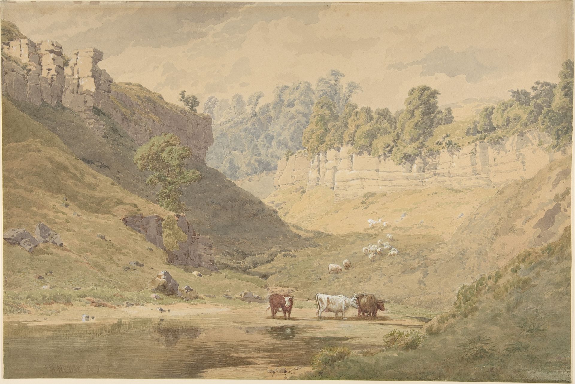 Cattle at a Watering Hole in a Valley by John Henry Mole