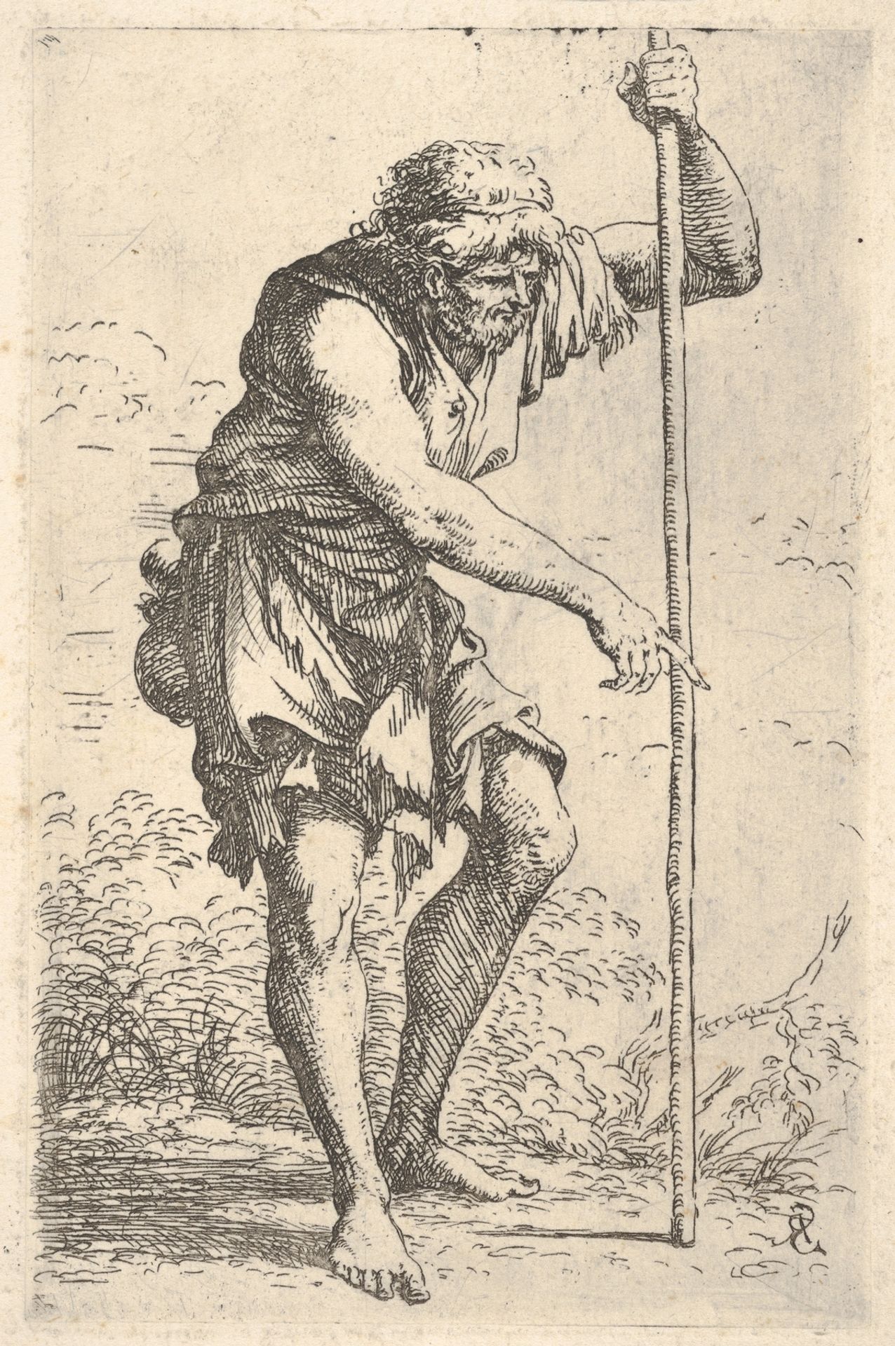 An old, ragged man with a gourd on his hip walking with a staff, from the series 'Figurine' by Salvator Rosa