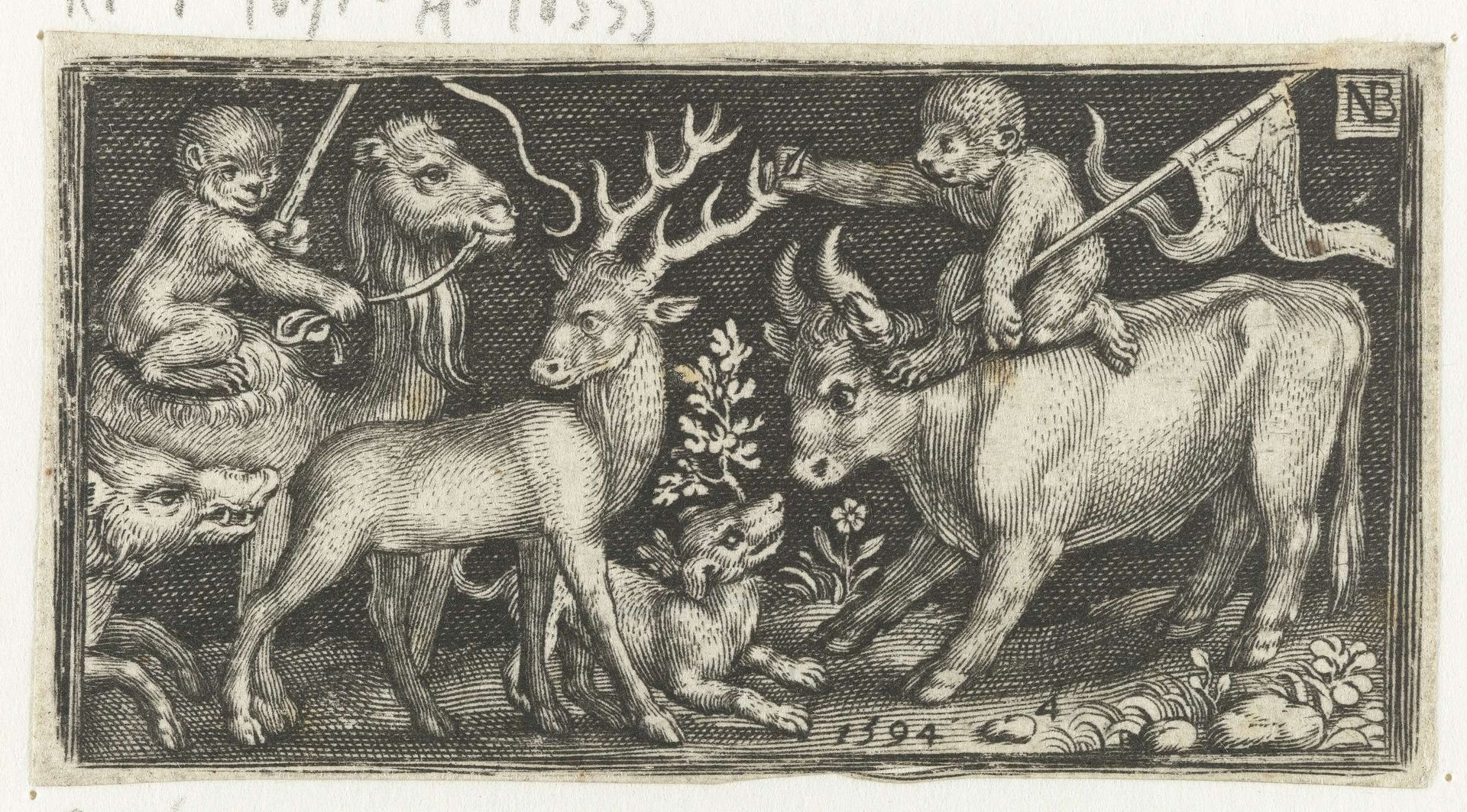 Apen zittend op kameel en stier met gevangen hert by Nicolaes de Bruyn