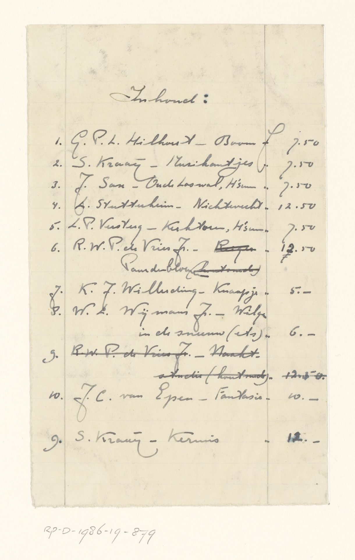 Prijslijst van negen kunstwerken gemaakt door diverse kunstenaars by Reinier Willem Petrus de (1874-1952) Vries