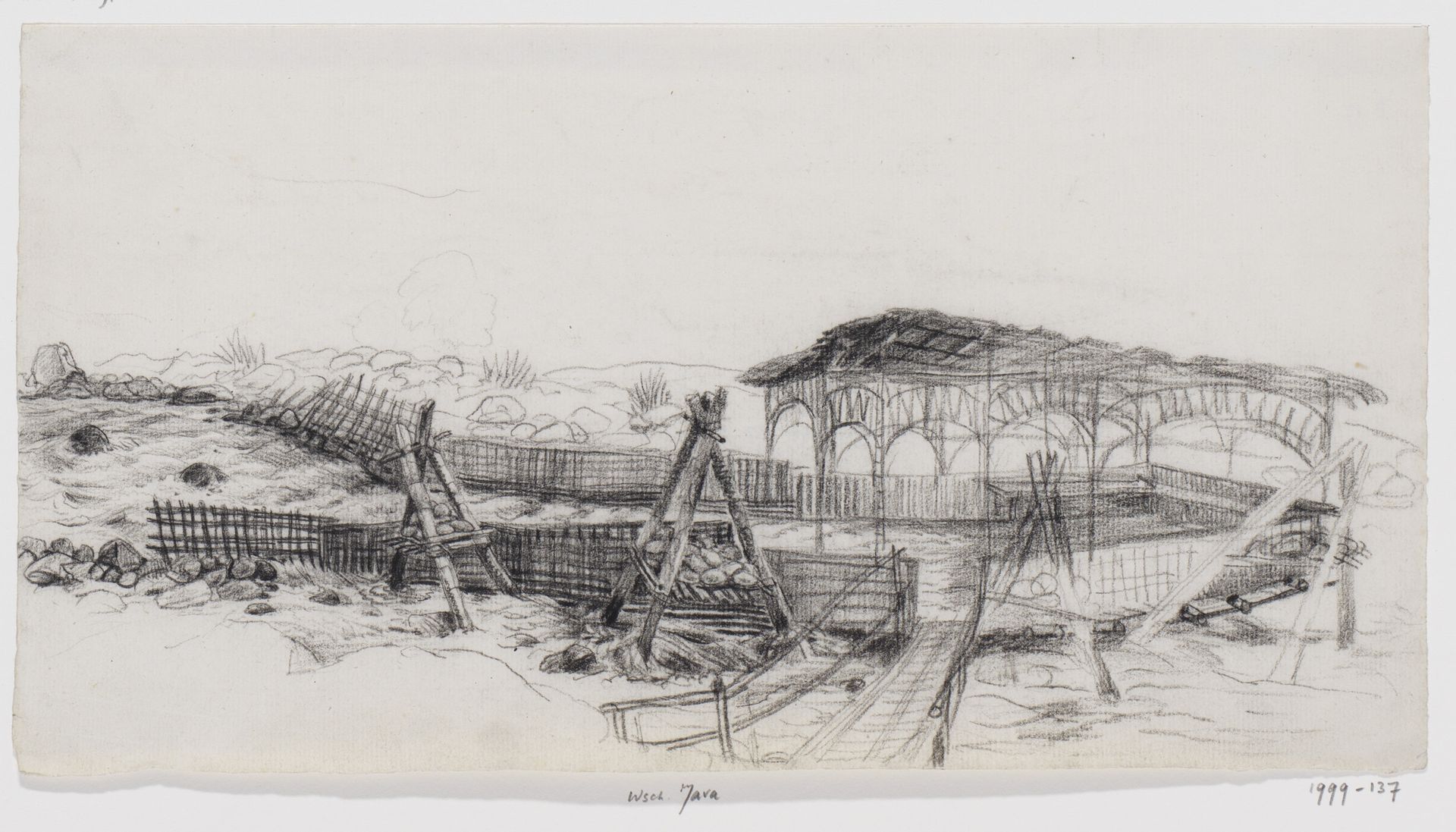 Rivier en brug (aanlegplaats?), Java by Adrianus Johannes Bik