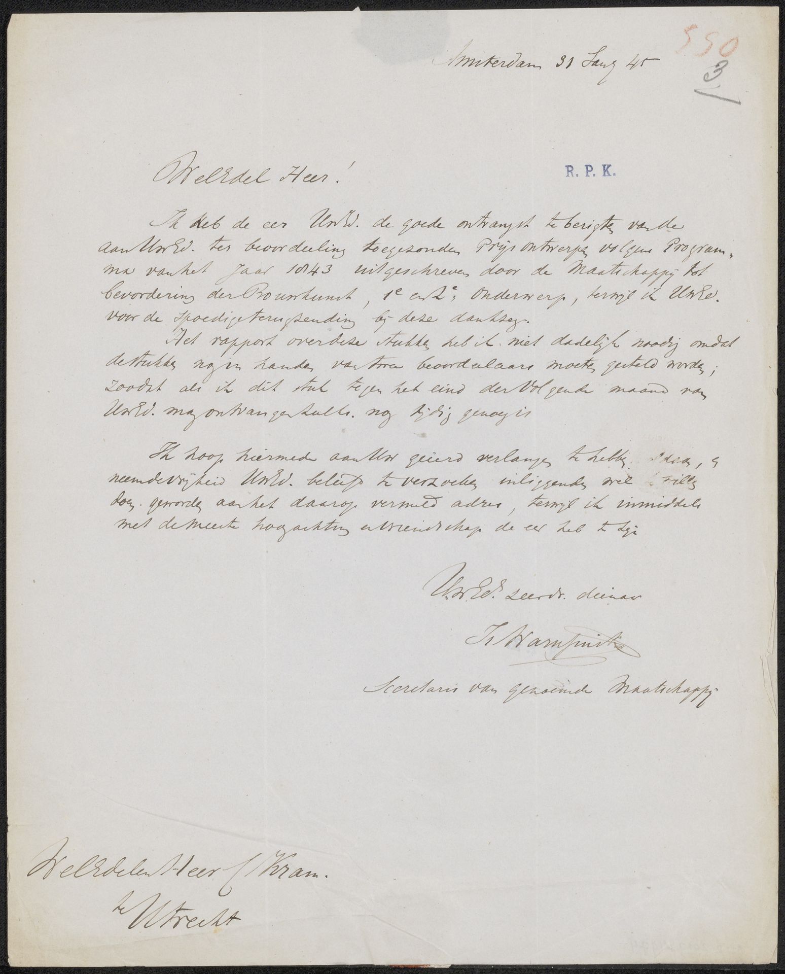 Brief aan Christiaan Kramm by Isaac Warnsinck