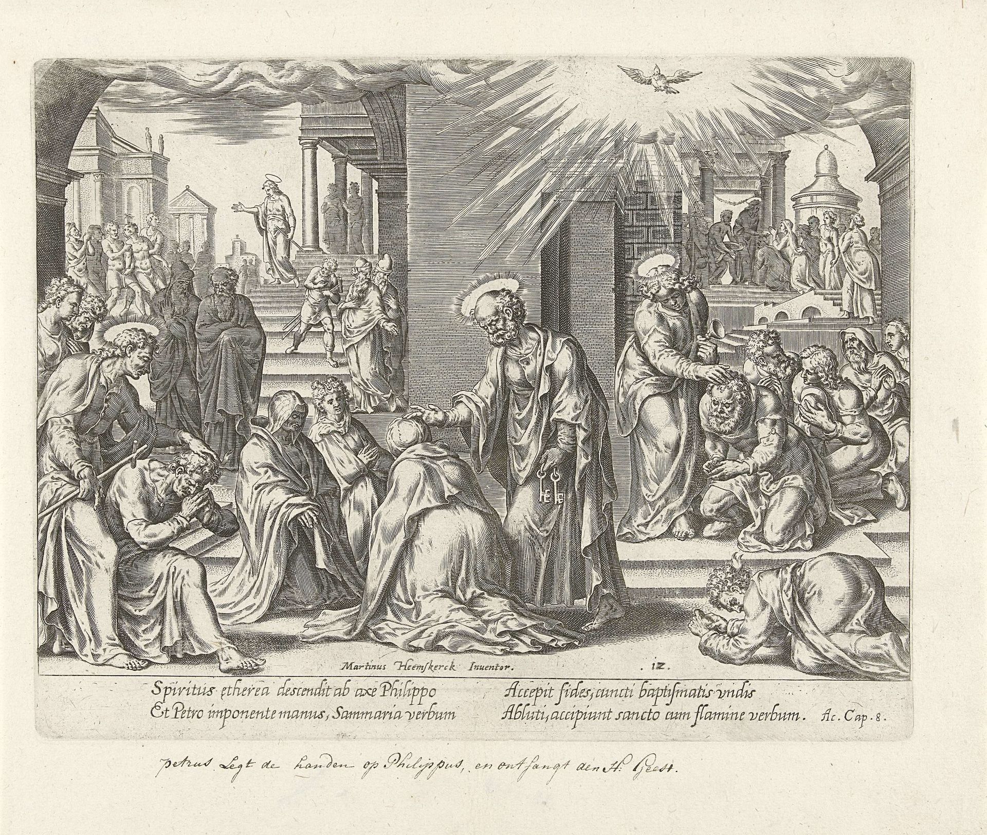 Petrus, Johannes en Filippus zegenen gelovigen in Samaria by Philips Galle