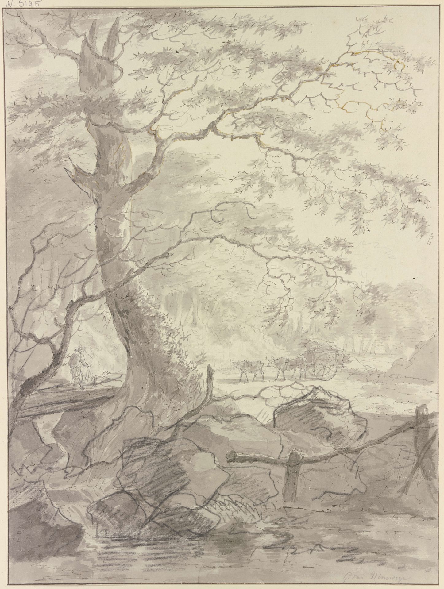Eine Waldpartie, inmitten ein Karren mit zwei Ochsen by Gerard van Nijmegen
