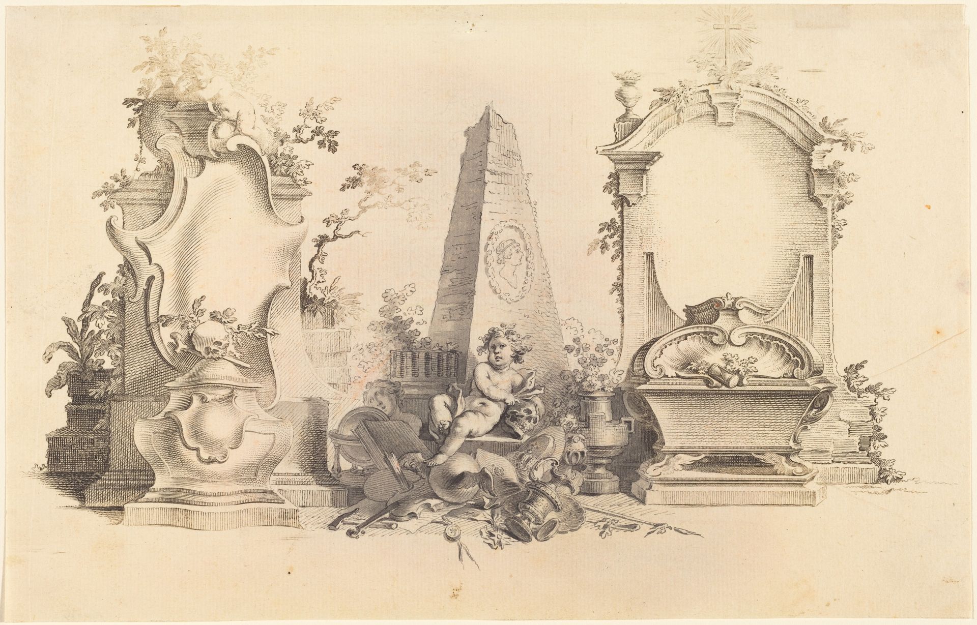 Cartouche Moderne with Emblems of Death by Johann Esaias Nilson