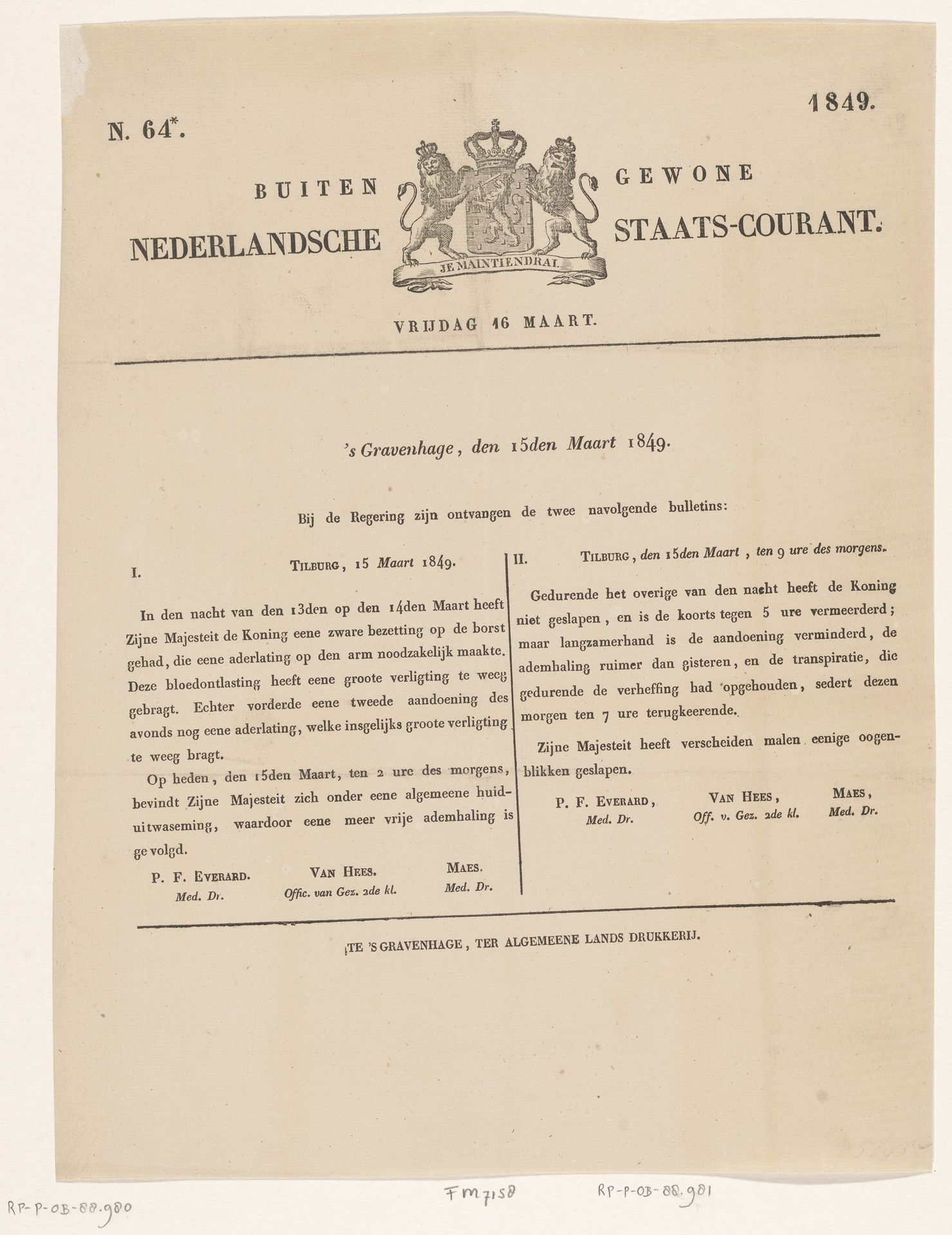 Buiten Gewone Nederlandsche Staats-Courant. Vrijdag 16 Maart. N. 64*. 1849 by Algemeene Landsdrukkerij