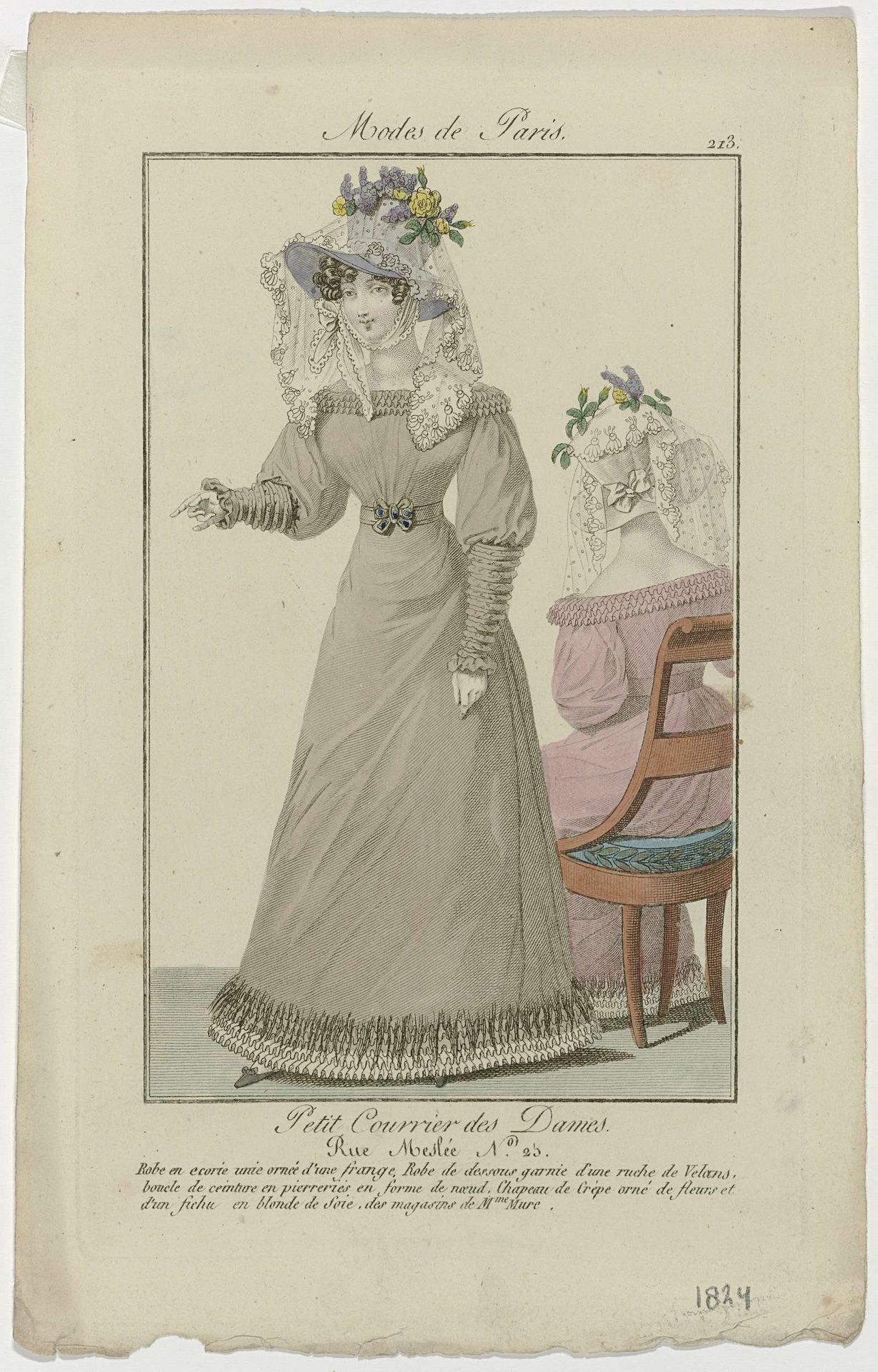 Petit Courrier des Dames, 1824, No. 213 : Robe en ecorie unie orné (...) by Anonymous
