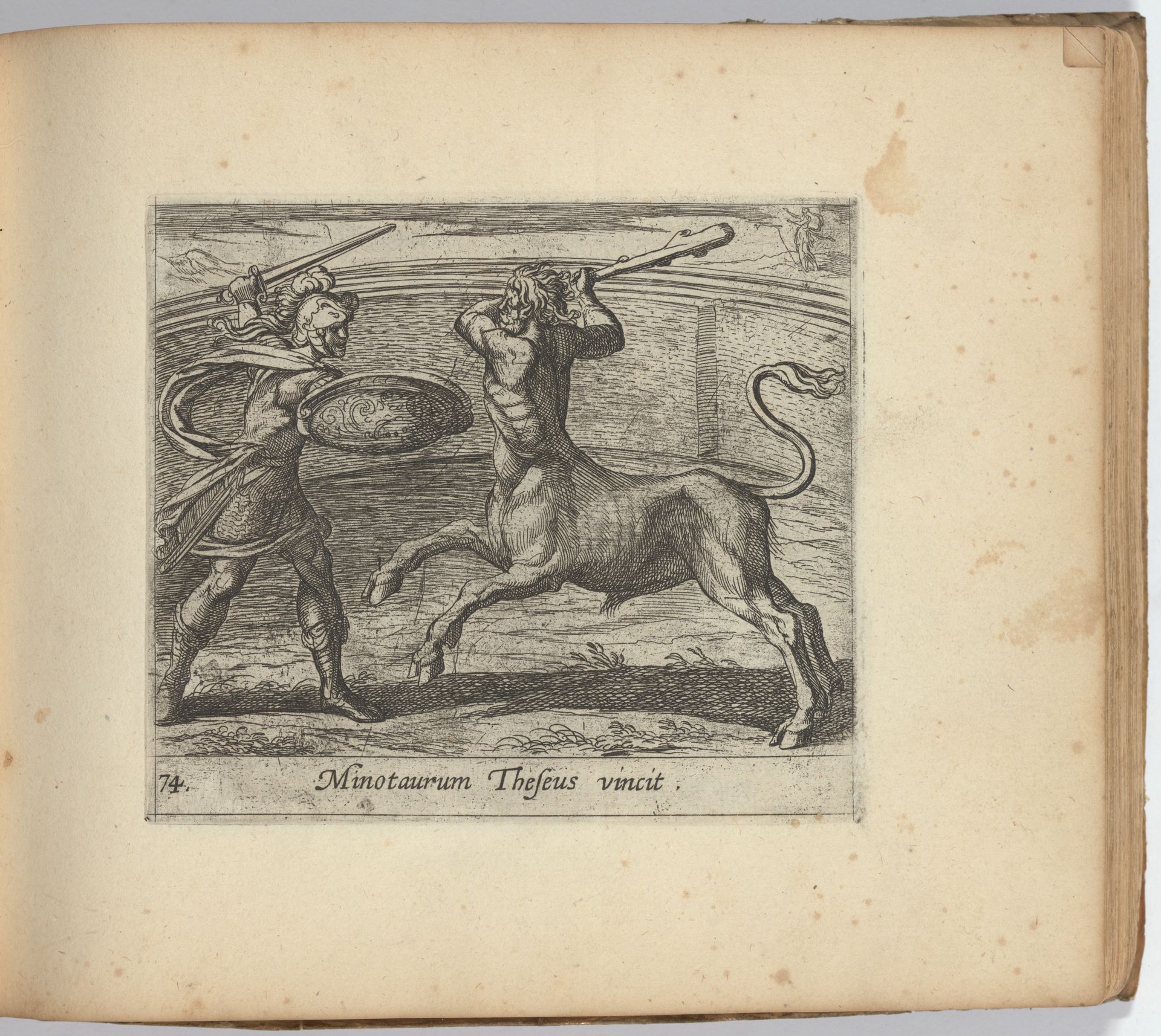 Theseus and the Minotaur (Minotaurum Theseus vincit), from The Metamorphoses of Ovid (Metamorphosean Sive Transformationum), plate 74 by Antonio Tempesta