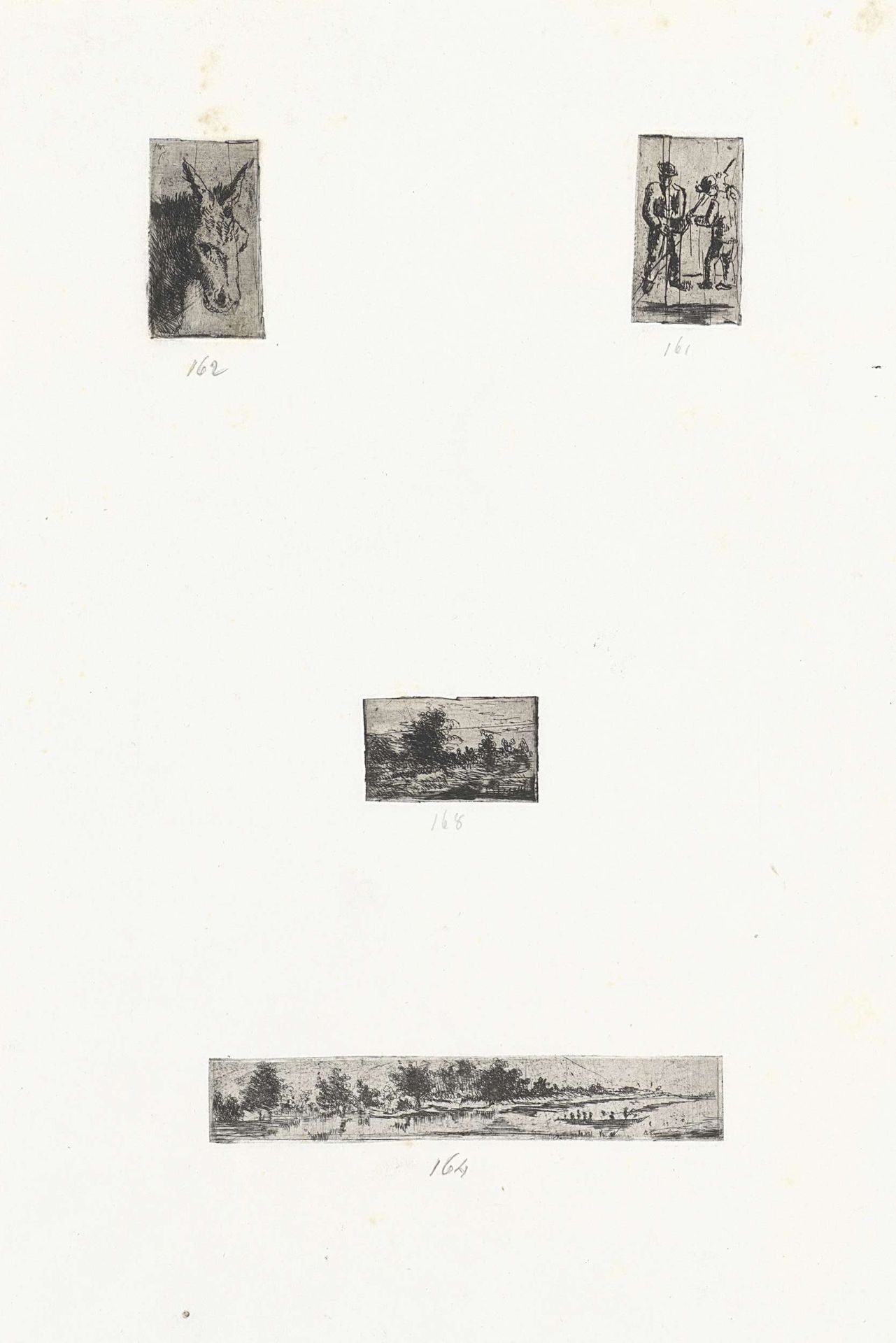 Blad met vier prenten met figuren en landschappen by Arnoud Schaepkens