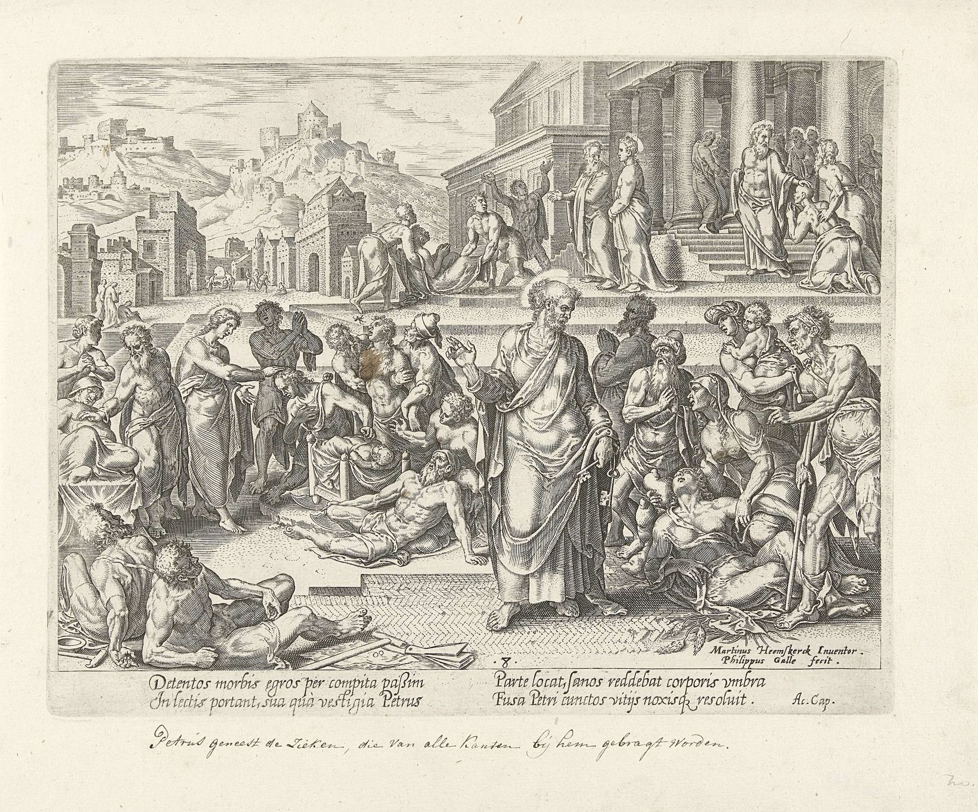 Petrus geneest zieken met zijn schaduw by Philips Galle