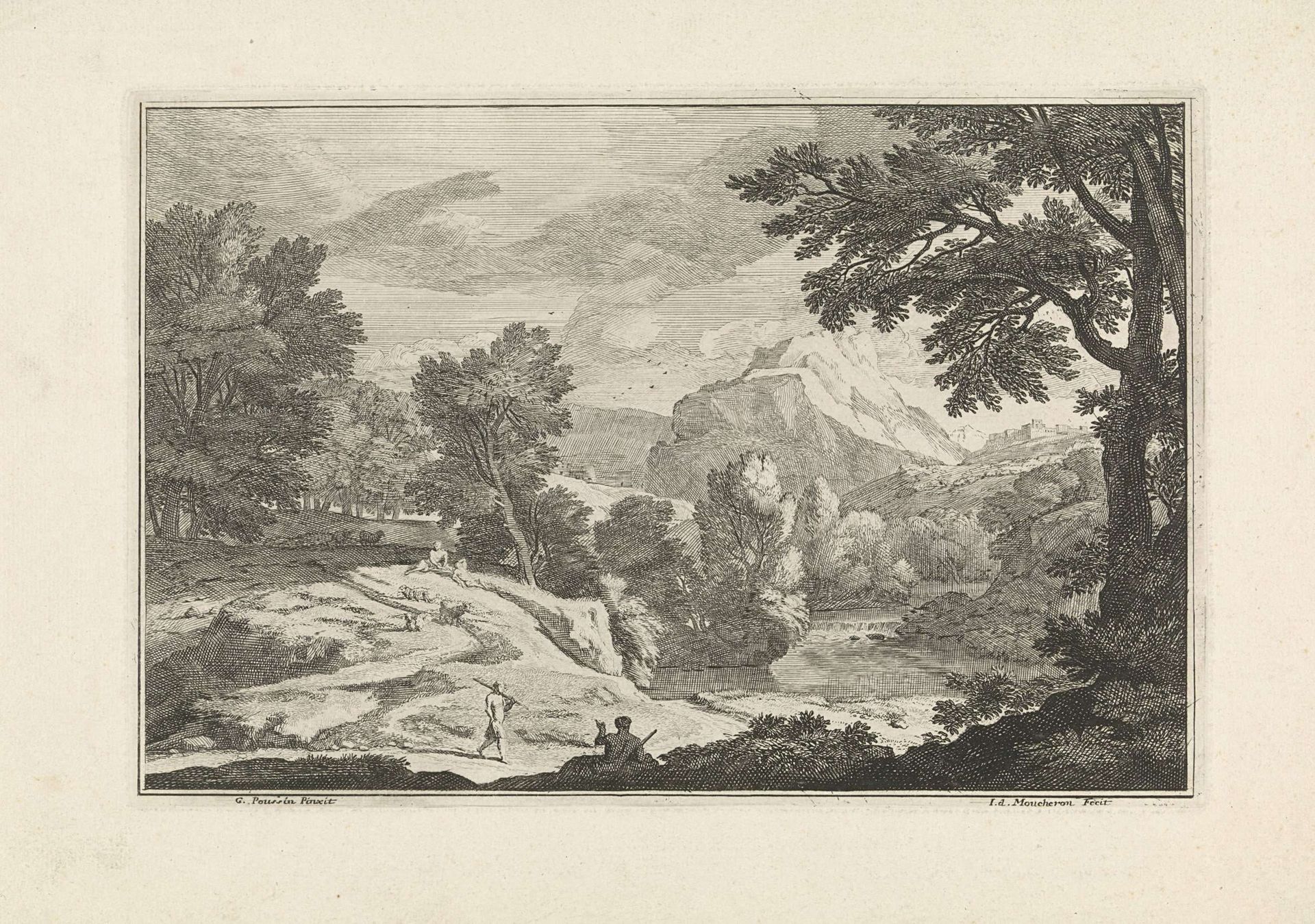 Landschap met een rivier en herders by Isaac de Moucheron
