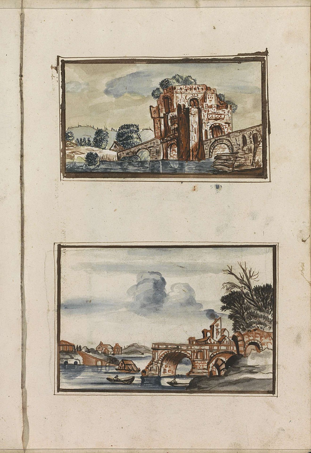 Burcht bij een brug en een stadsgezicht by Hendrick van Beaumont