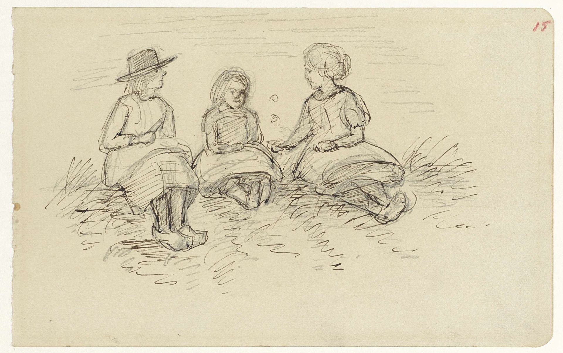 Drie zittende kinderen in het gras by Jozef Israëls
