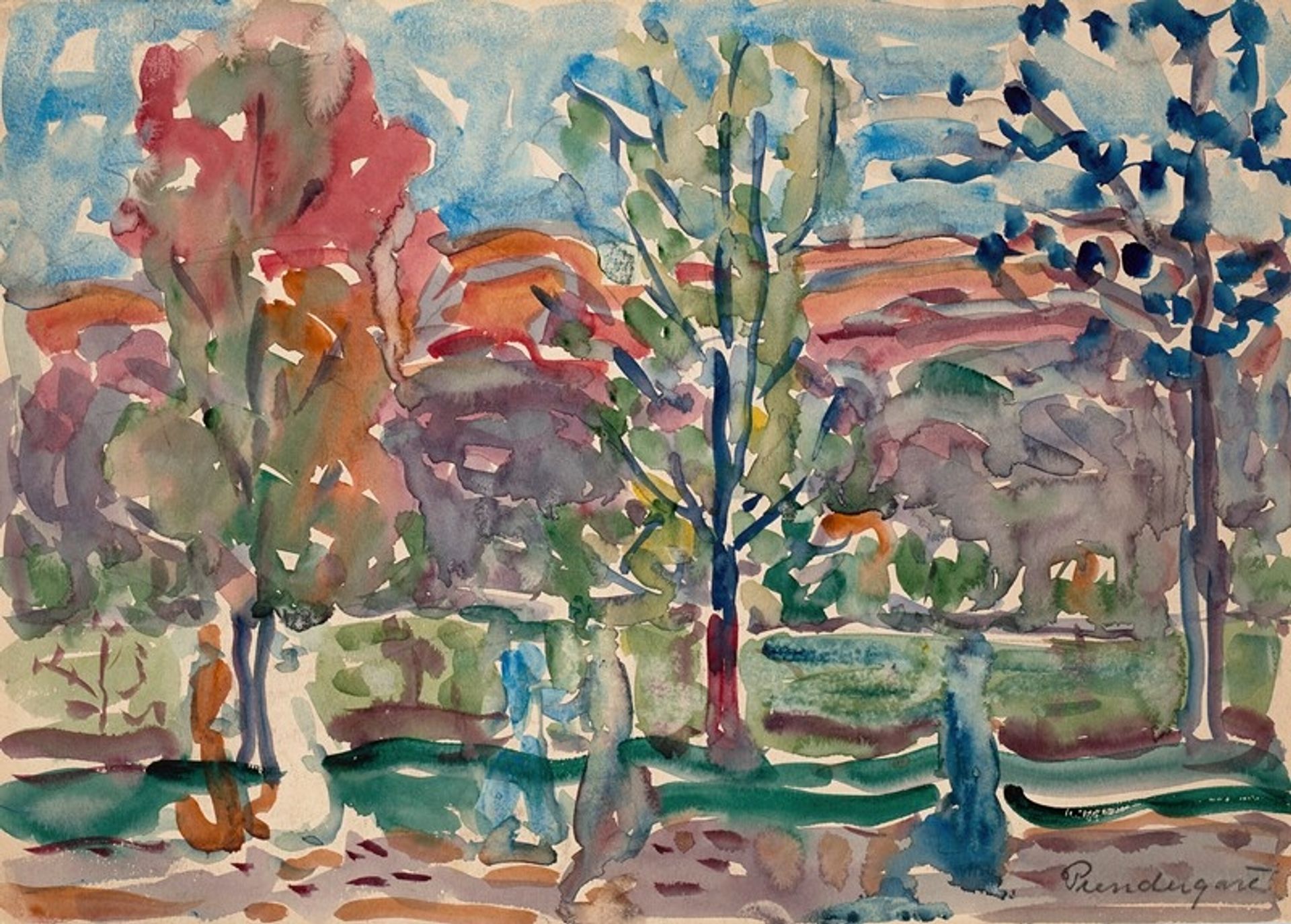 Trees against mountain by Maurice Prendergast