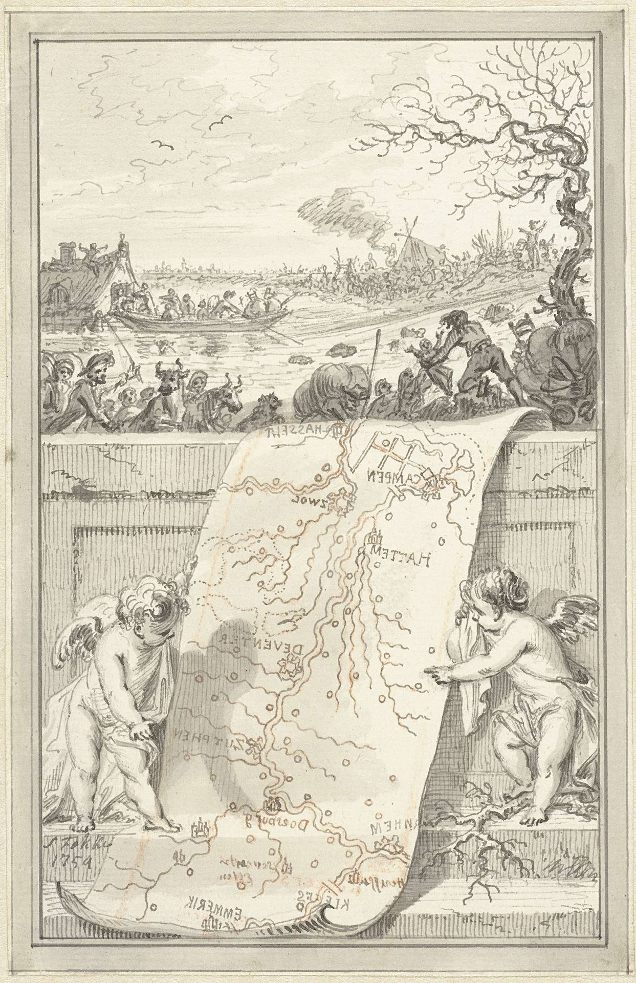 Doorbraak van de Rijn- en IJsseldijken, 1754 by Simon Fokke