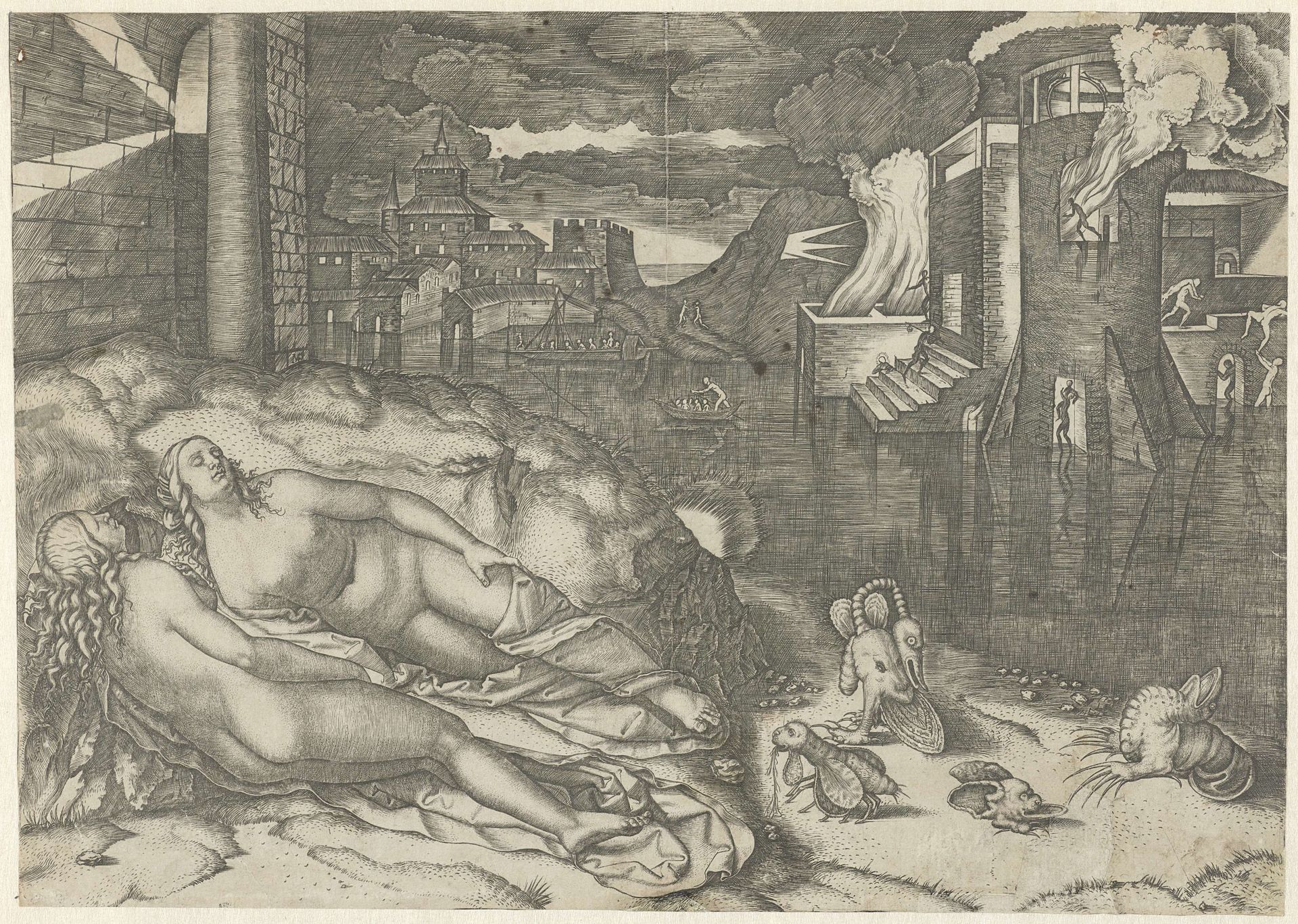Landschap met twee naakte slapende vrouwen en fantasiedieren op oever bij water met brandend gebouw by Marcantonio Raimondi