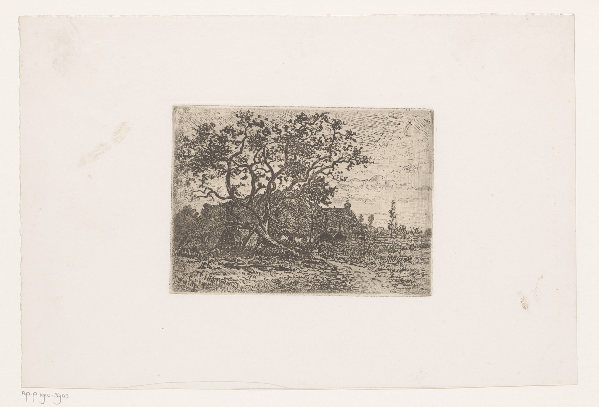 Landschap met boerderijen achter een grote boom by Louis Adolphe Jacobs