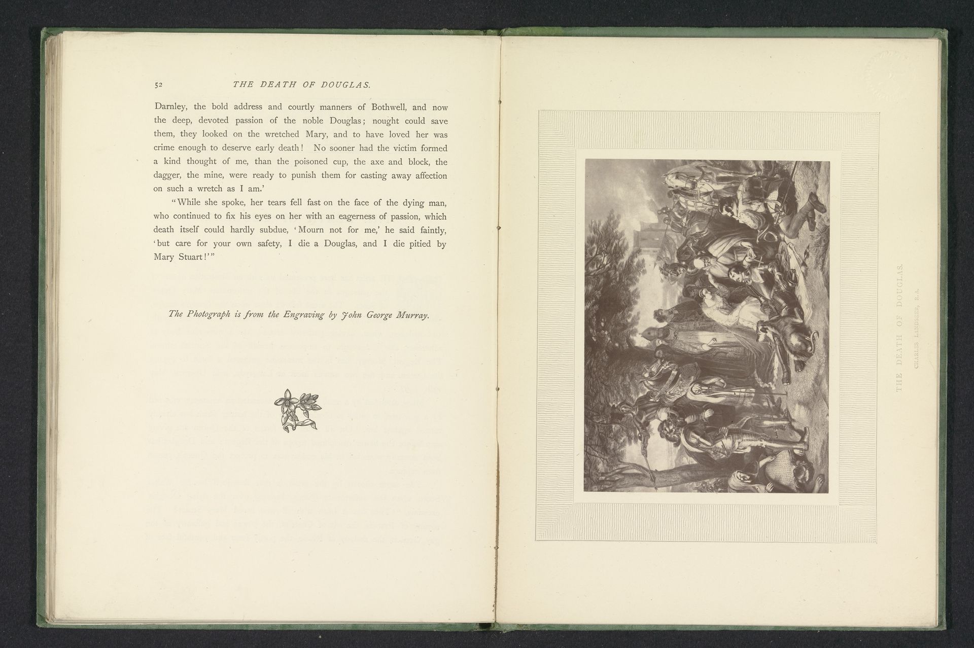 Fotoreproductie van een prent naar een schilderij van Maria I van Schotland die op een slagveld om de dood van  Douglas door Charles Landseer by Anonymous