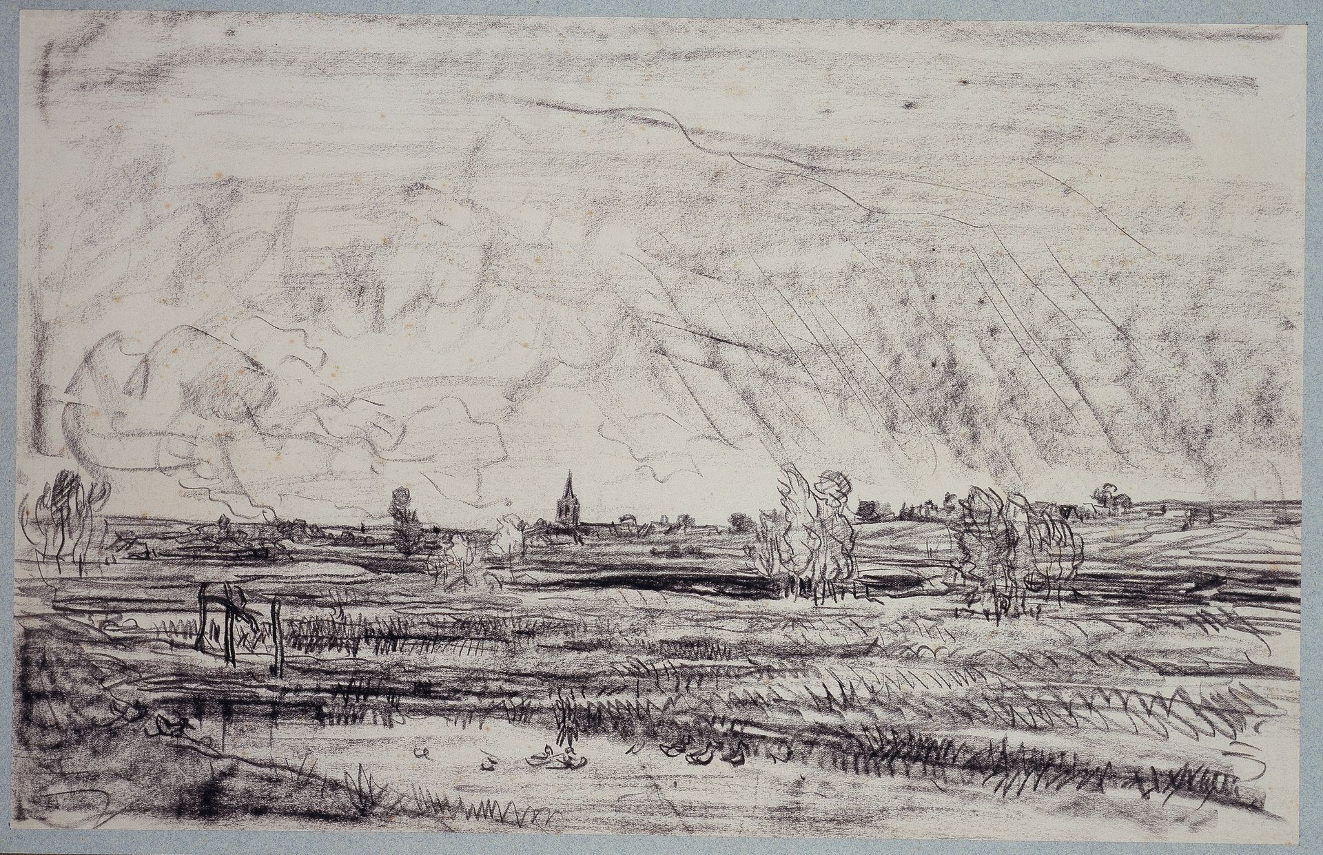 Flachlandschaft mit Kirchturm bei Regenwetter by Charles François Daubigny