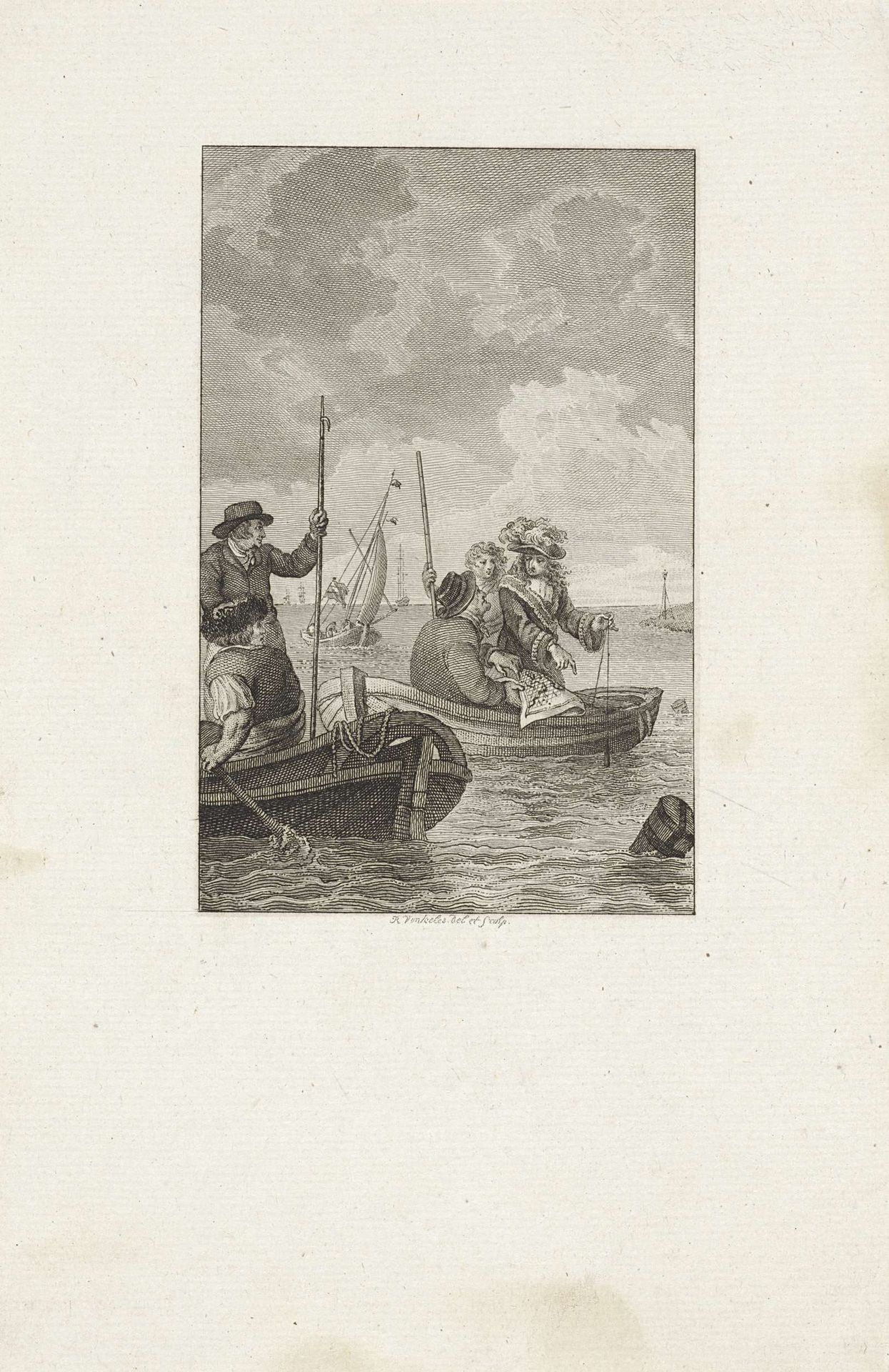 Schatzoekers in twee roeiboten by Reinier Vinkeles