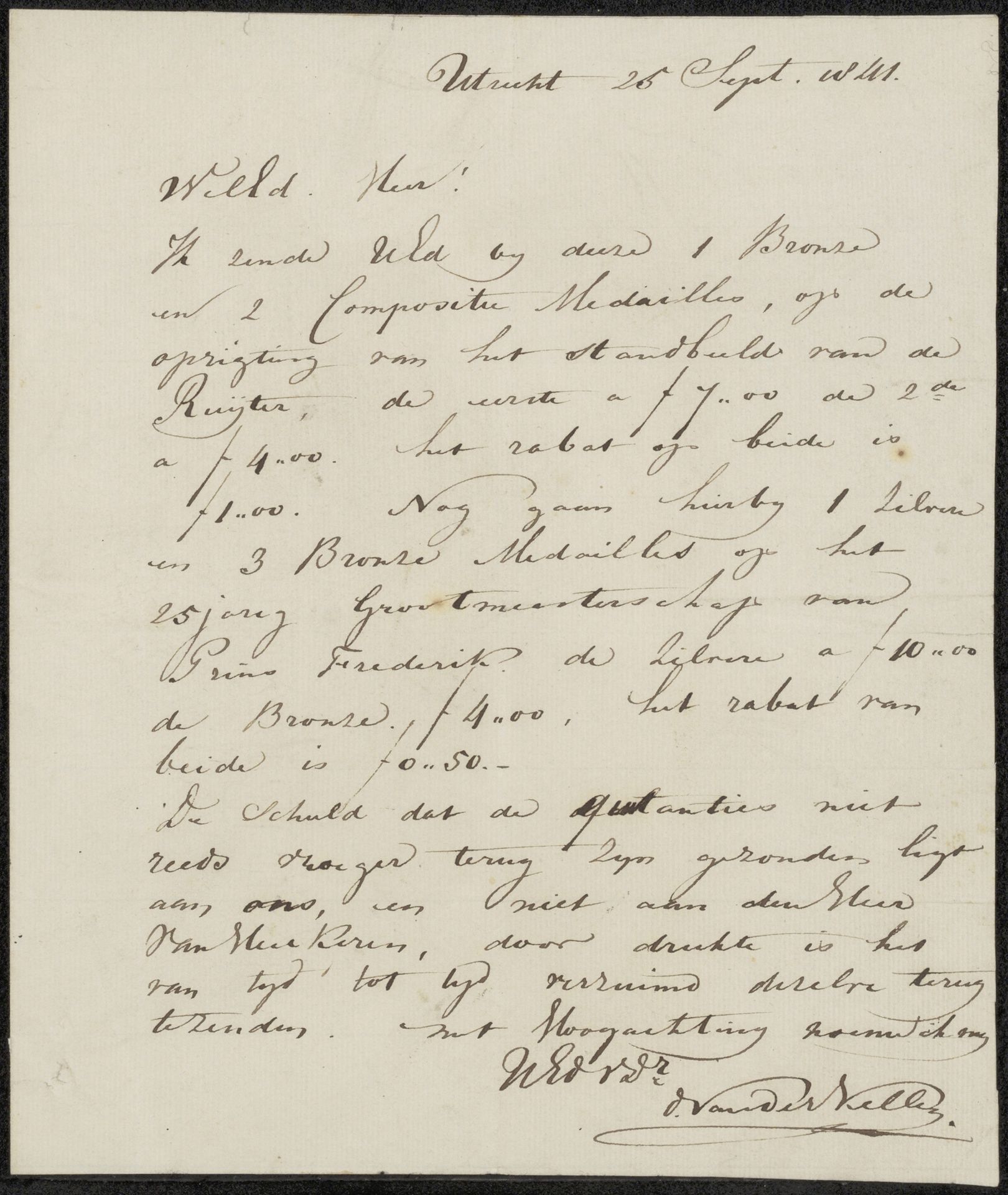 Brief aan anoniem by David van der (1804-1879) Kellen