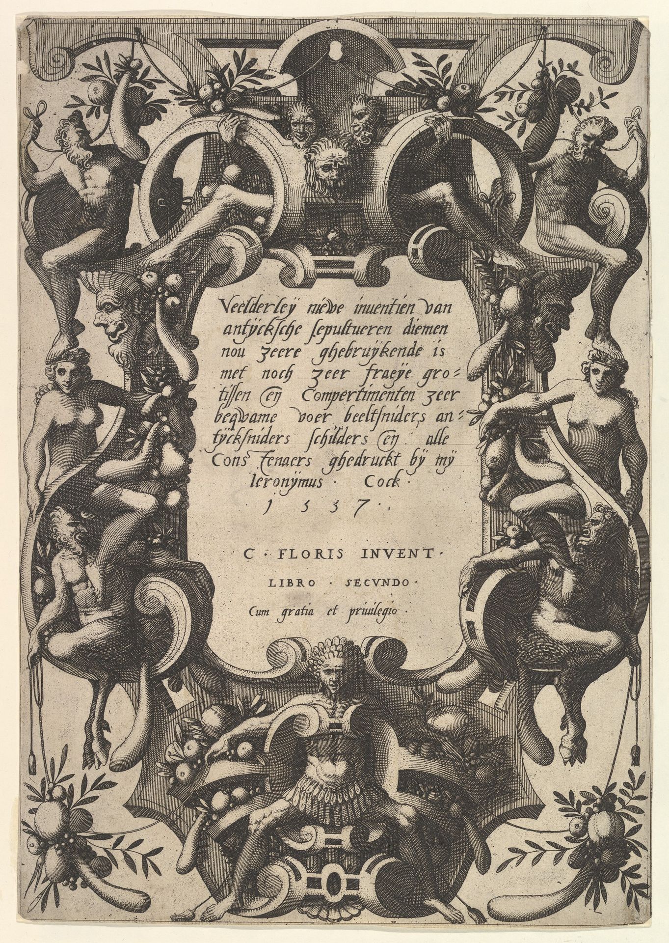 Title Plate from Veelderleij niewe inventien van antijckesche sepultueren diemen nou zeere ghebruijkende is met noch zeer fraeije grotissen en compertimenten zeer beqwame voer beeltsniders antijcksniders schilders en all constenaers...Libro Secundo by Johannes van Doetecum I