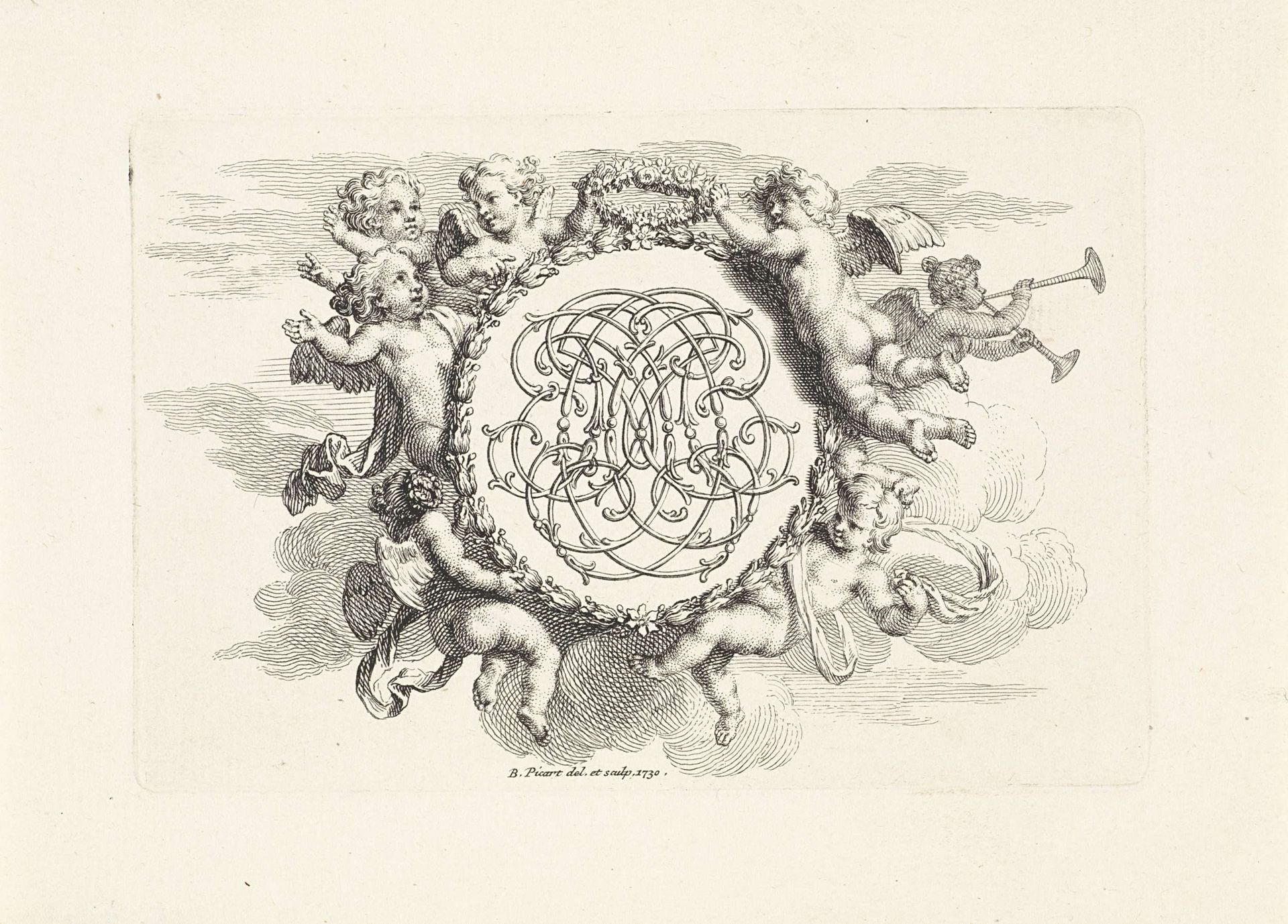 Medaillon met initialen gedragen door putti by Bernard Picart