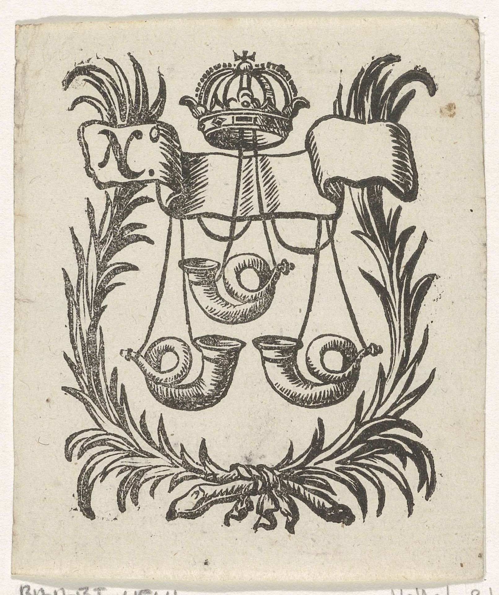 Handelsetiket met drie hoorns in een lauwerkrans met een kroon by Isaac Vincentsz. van der Vinne
