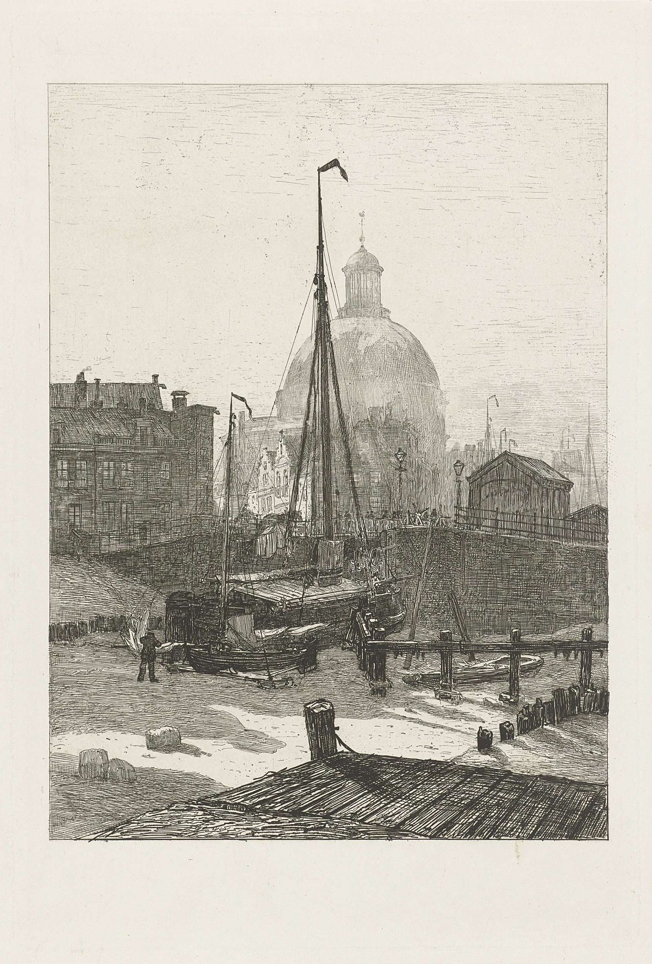 Het Singel te Amsterdam met vastgevroren turfpraam by Johan Conrad Greive