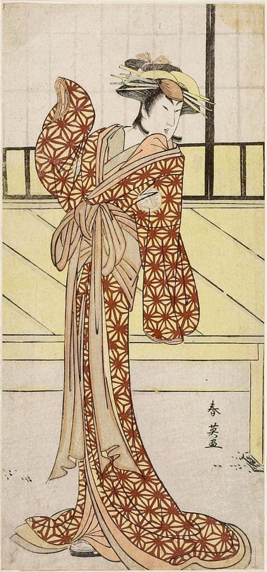 WOMAN IN YELLOW KIMONO WITH RED SPIDER WEB by Katsukawa Shun'ei