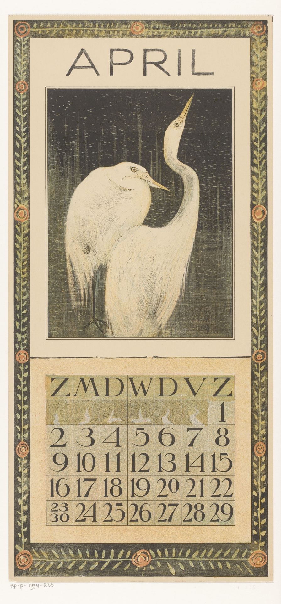 Kalenderblad april met zilverreigers by Theo van Hoytema