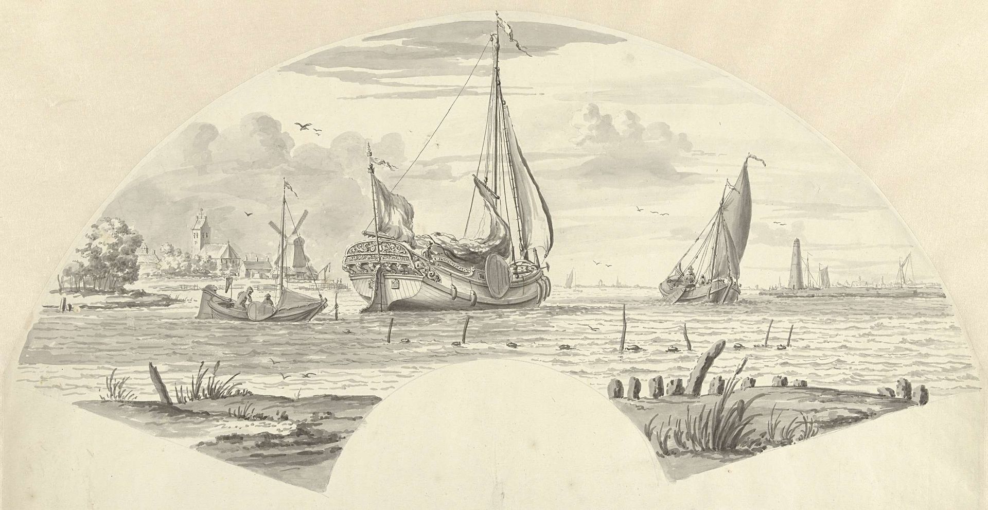 Gezicht op enkele boten op het water en een molen bij een kerk by Pieter Idserts