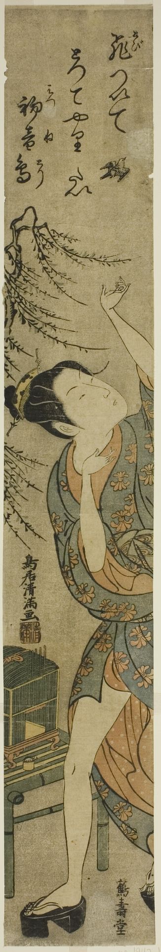 Young woman releasing a bird by Torii Kiyomitsu