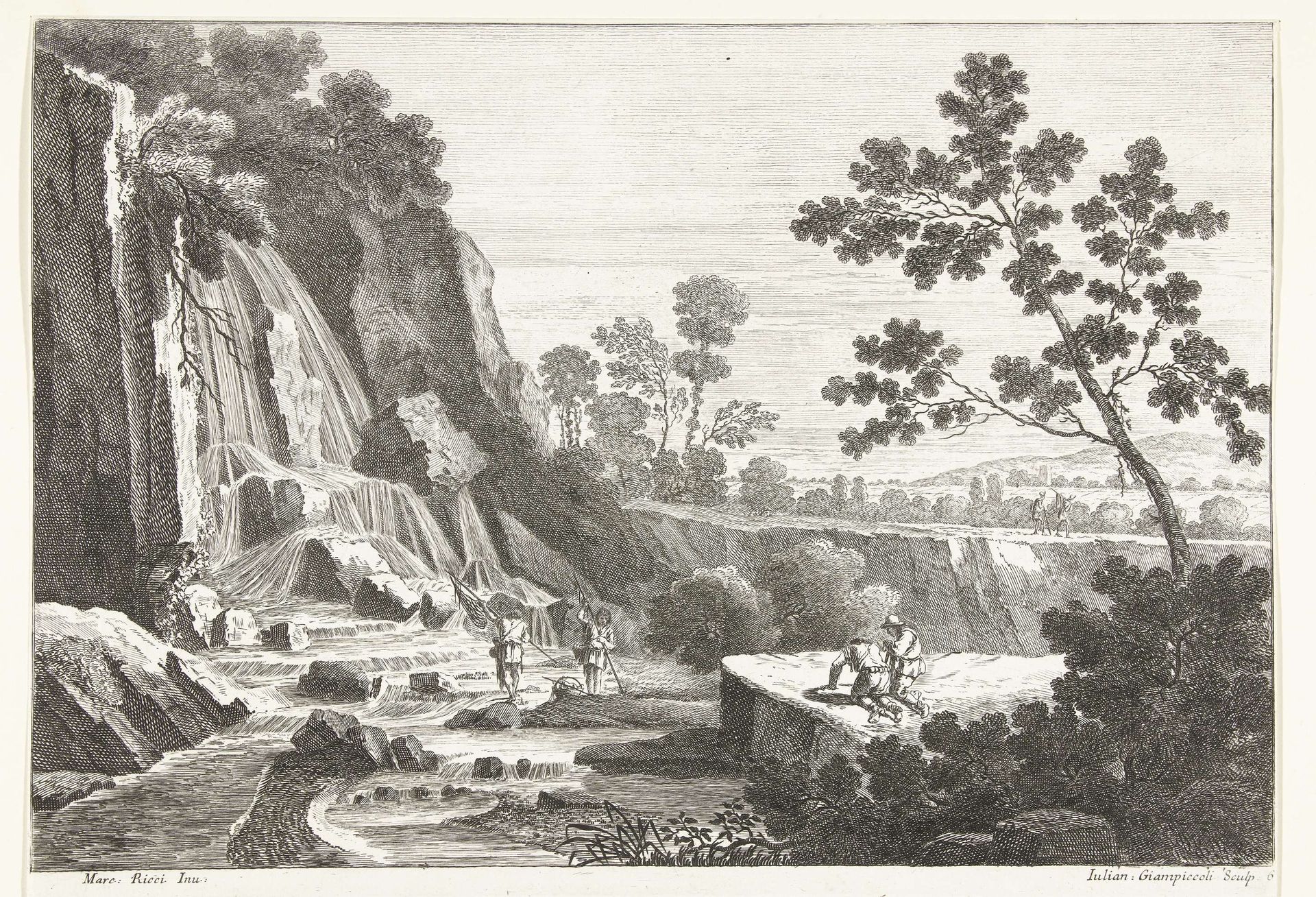 Landschap met waterval en vissers en andere figuren by Giuliano Giampiccoli
