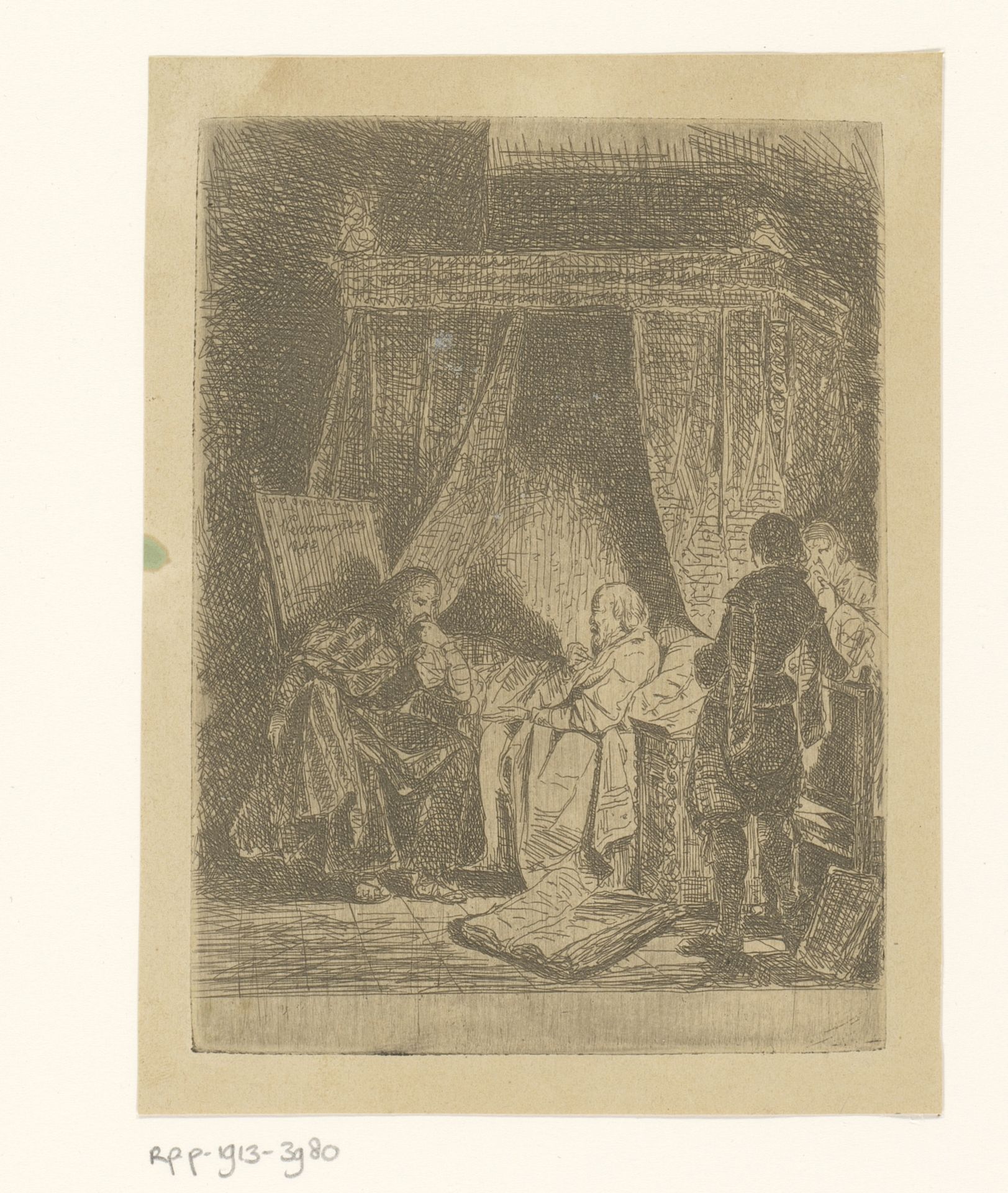 Oude man op bed in gesprek met een man in een stoel by Guillaume Joseph Vertommen