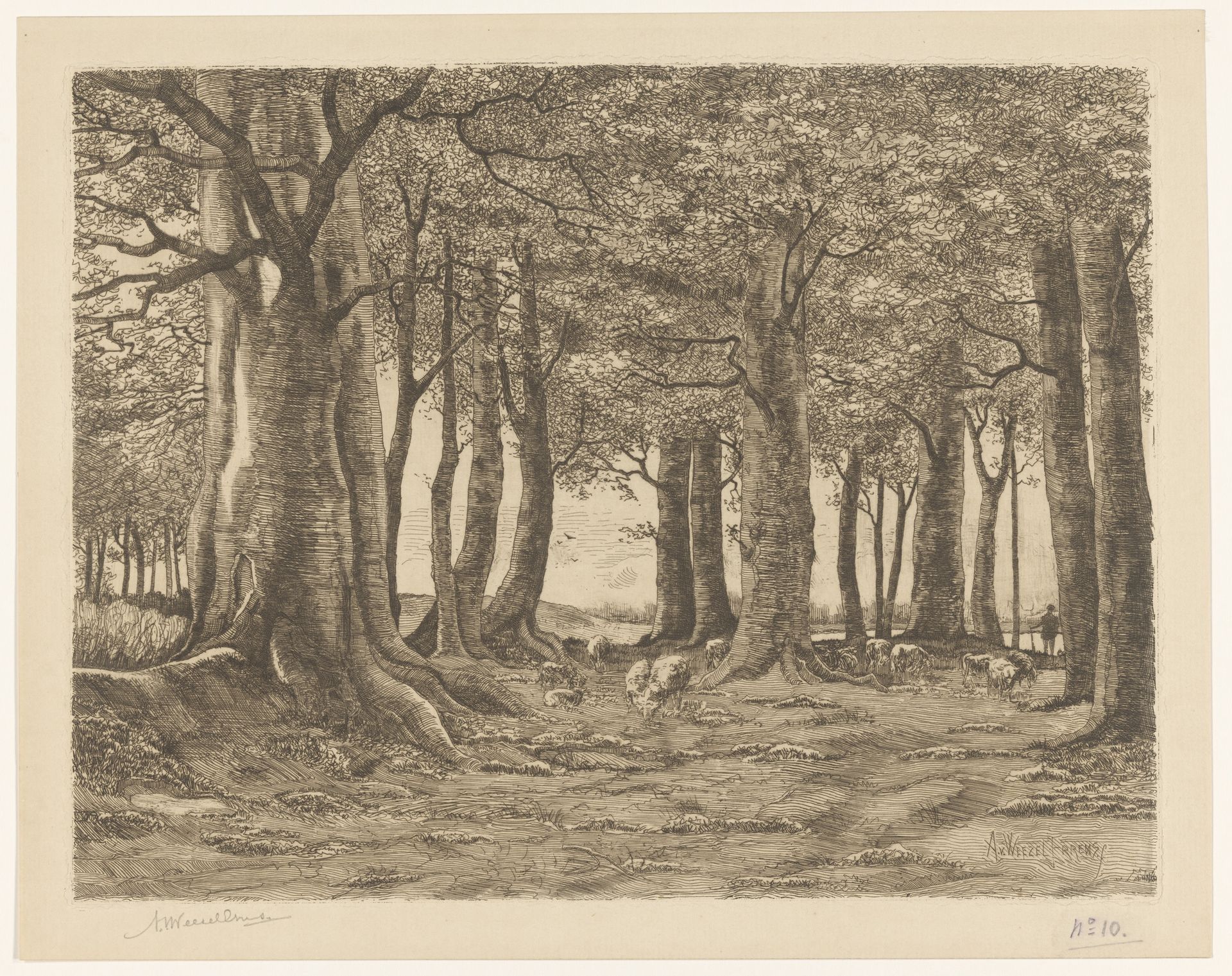Bomen met schapen en herder by Adolphe P.H J. van Weezel Errens