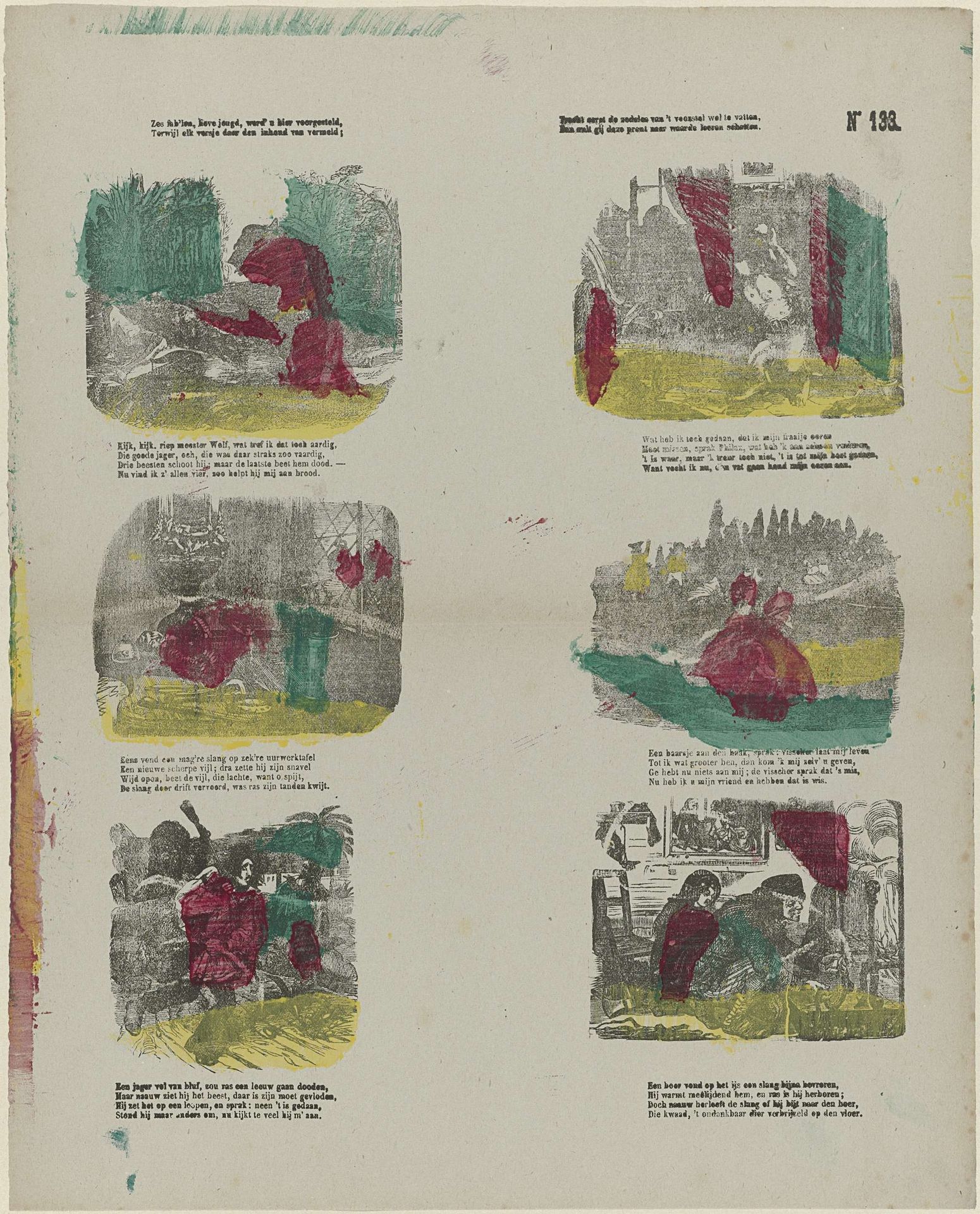 Zes fab'len, lieve jeugd, word' u hier voorgesteld, / Terwijl elk versje daar den inhoud van vermeld; / Tracht eerst de zedeles van 't voorstel wel te vatten, / Dan zult gij deze prent naar waarde leeren schatten by M. Hemeleers-van Houter